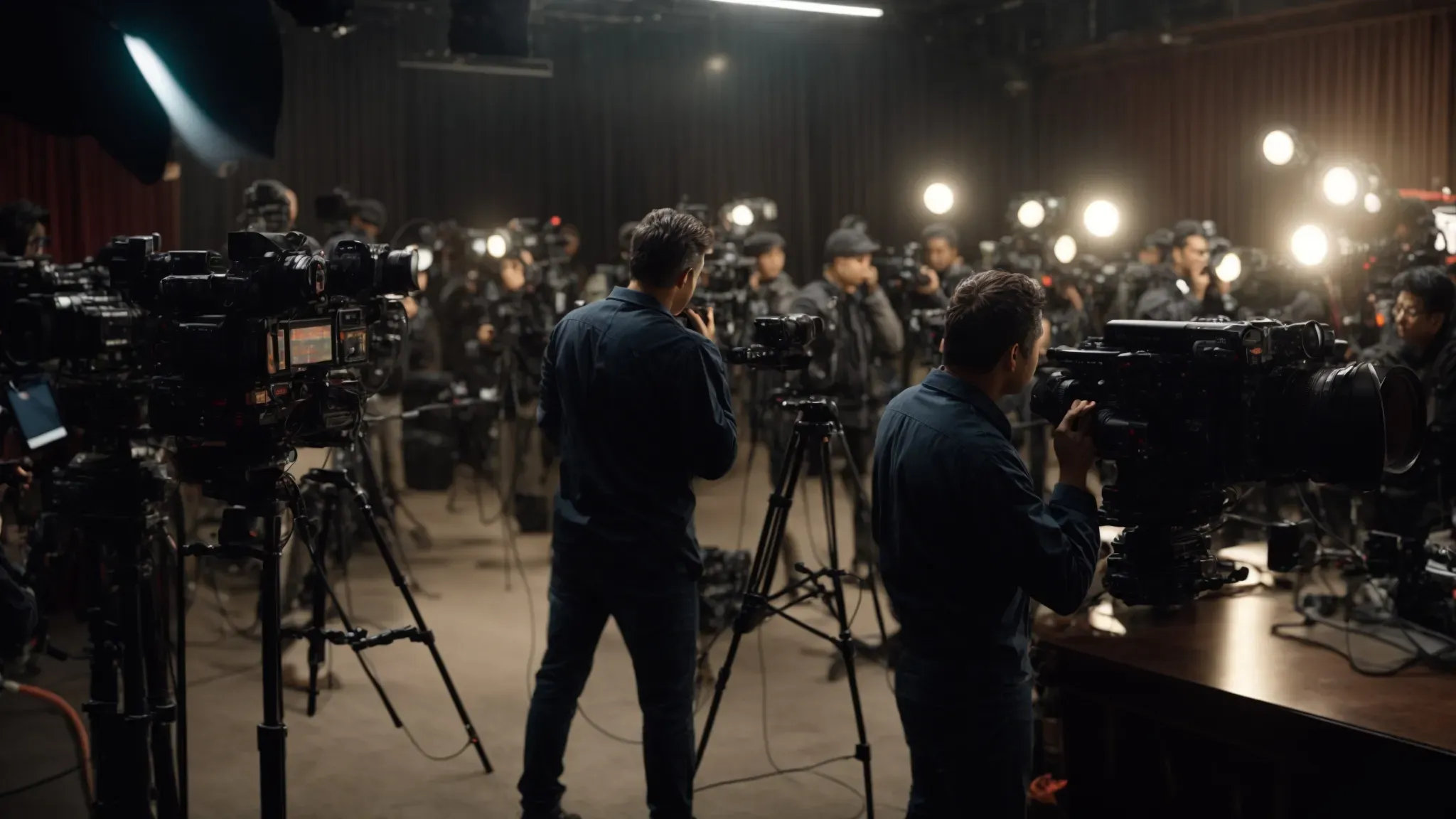 a director commanding a bustling film set with cameras, lights, and actors prepared for the next scene.