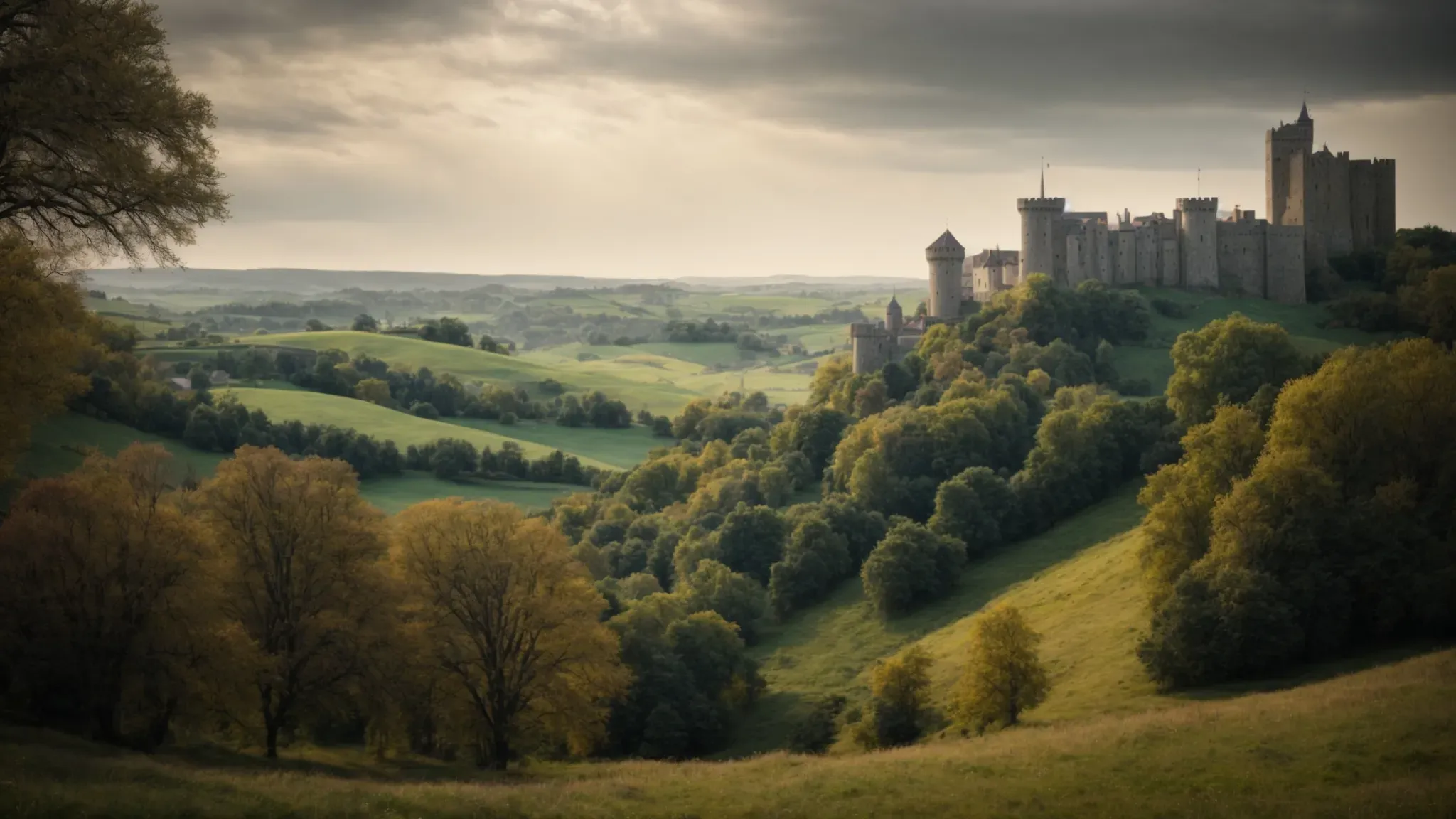 a sprawling medieval castle amid rolling hills, setting the stage for tales of knights and intrigue.