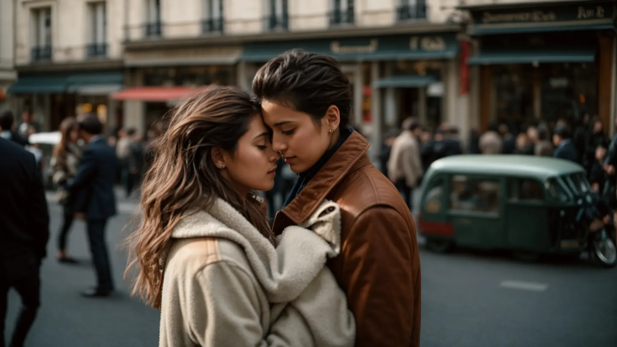 a couple embracing on a parisian street, bathed in soft morning light, evoking the intimacy and innovation of french new wave cinema.