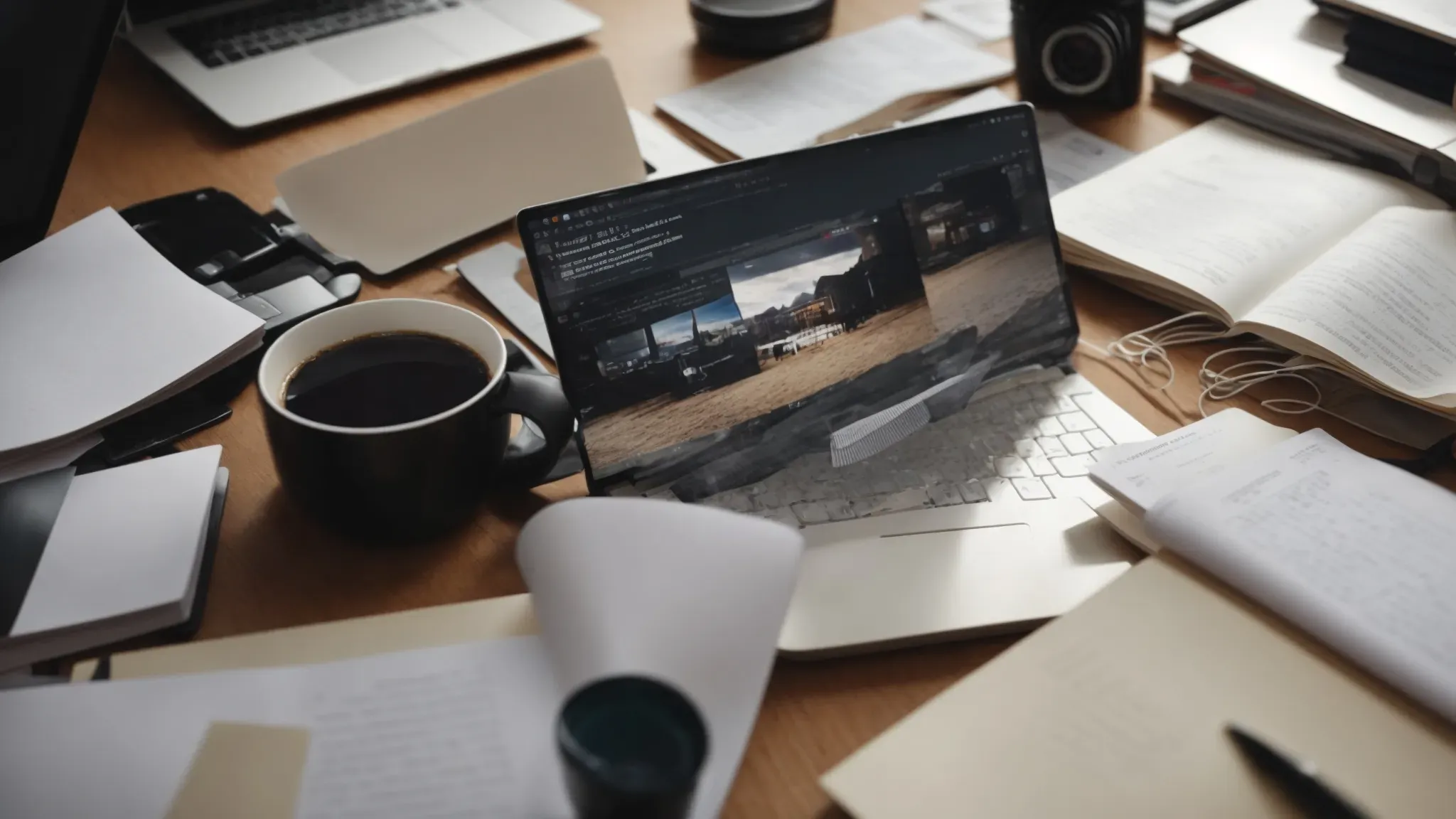 a person sitting at a desk with a computer, surrounded by notes and a coffee cup, focused on their work.