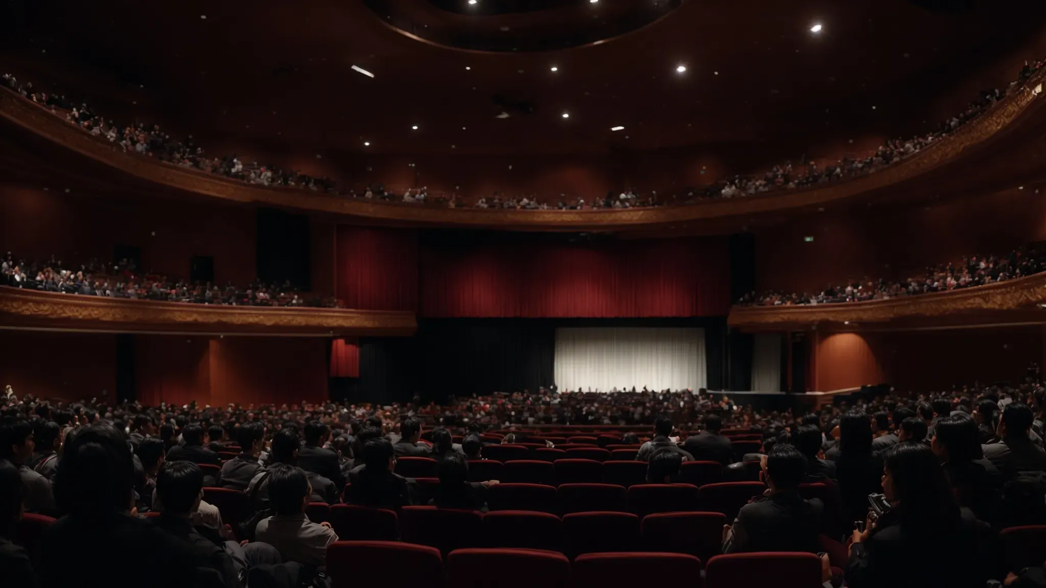 a grand auditorium filled with aspiring filmmakers attentively listening to a renowned director's lecture on the art of cinema.