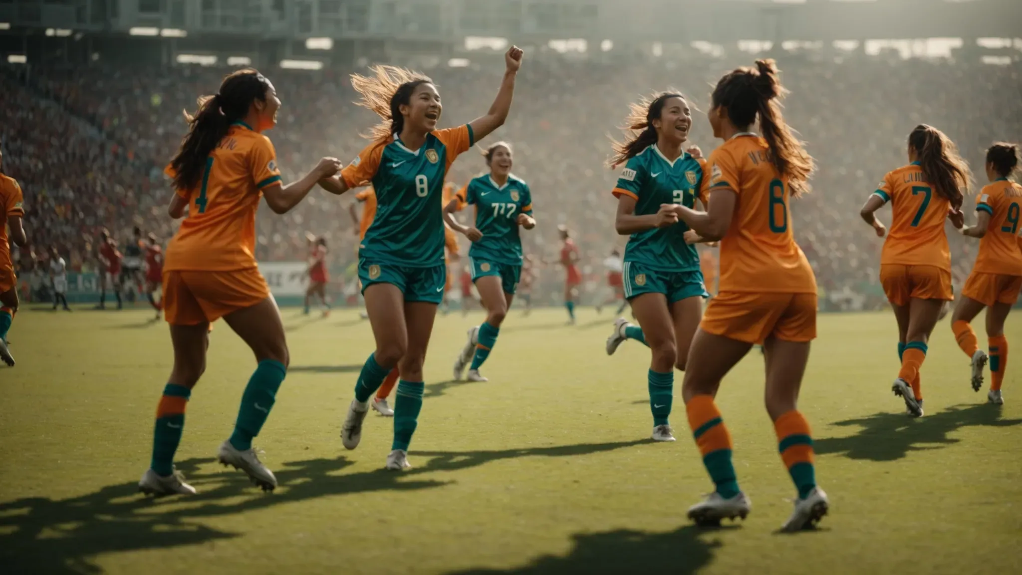 a scene with young women celebrating after scoring a goal in a vibrant, energetic football match.