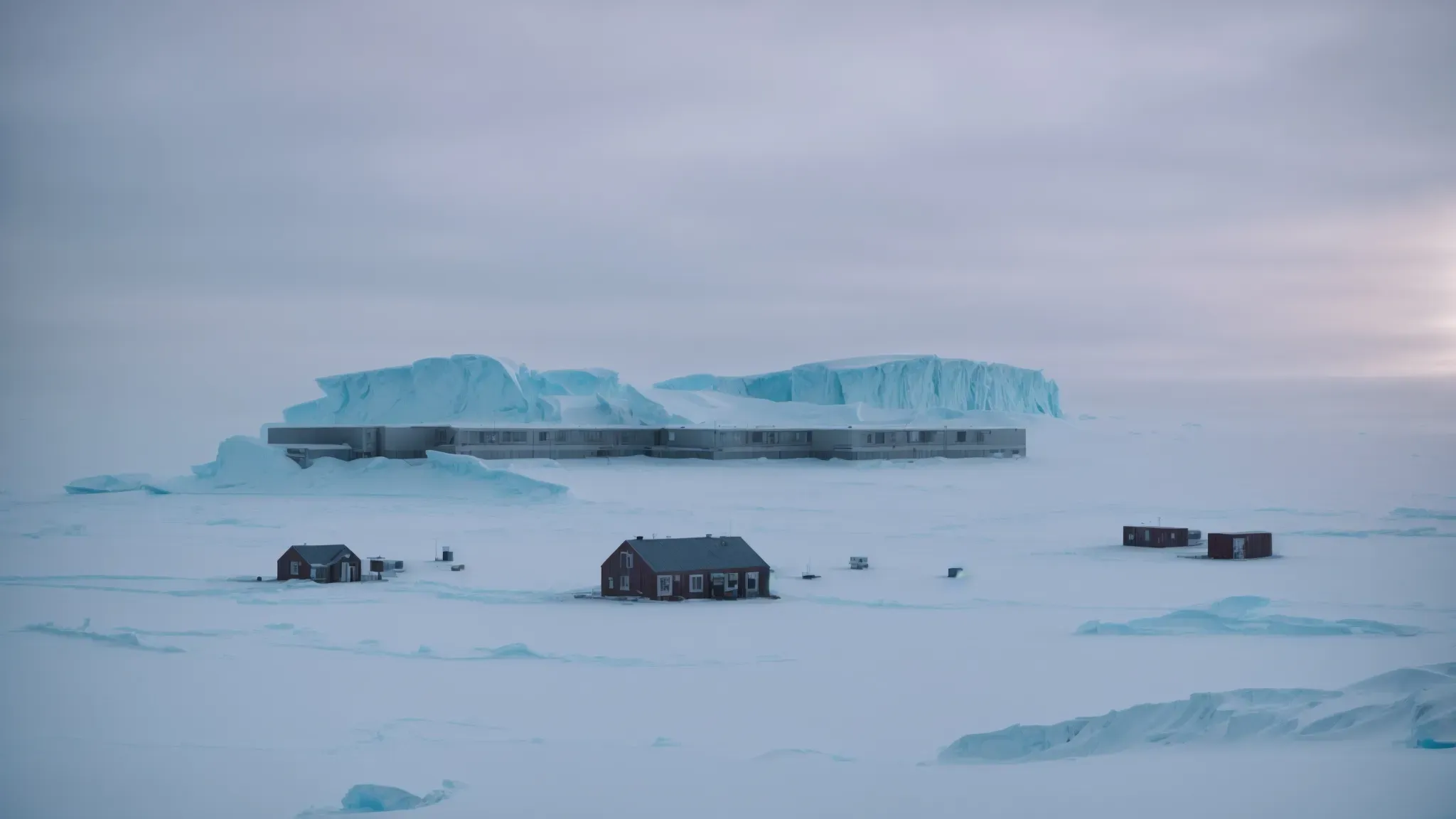a desolate antarctic research station surrounded by a vast, icy wilderness, setting the eerie stage where man meets monster.