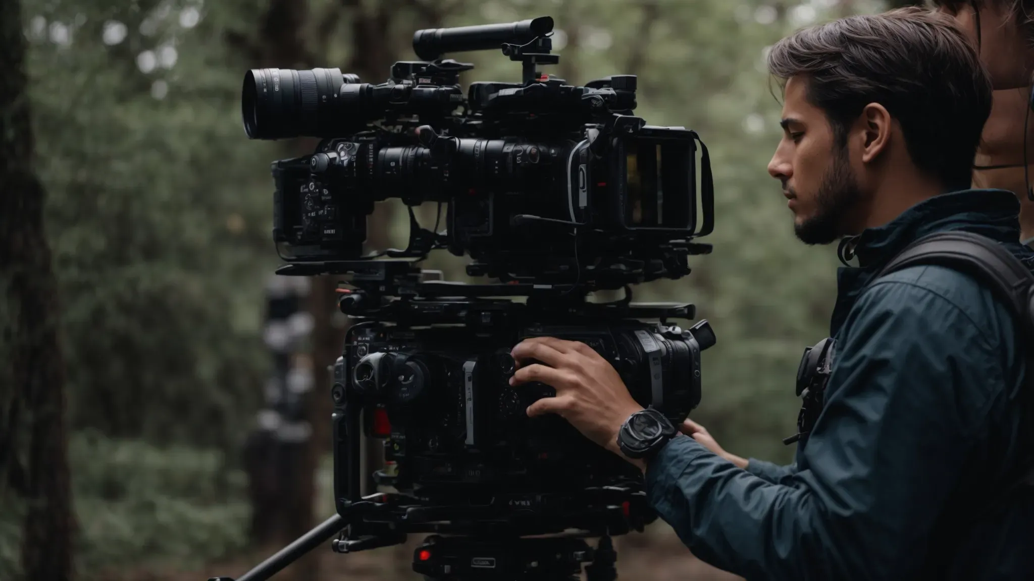 a camera operator grasps a film camera mounted on a steadicam, focusing intently on a movie set bustling with activity.