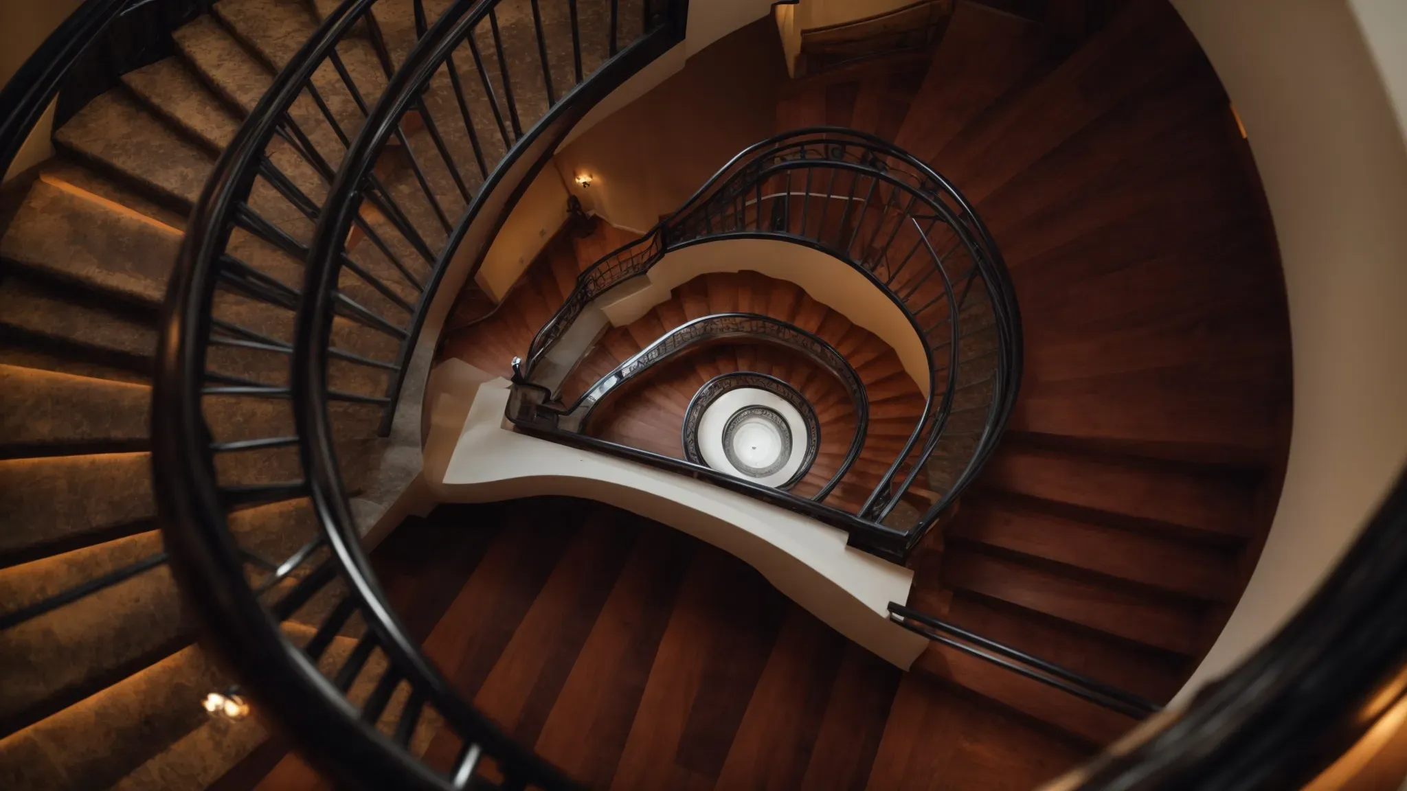 a spiraling staircase viewed from above, symbolizing the dizzying effect of hitchcock's 'vertigo'.