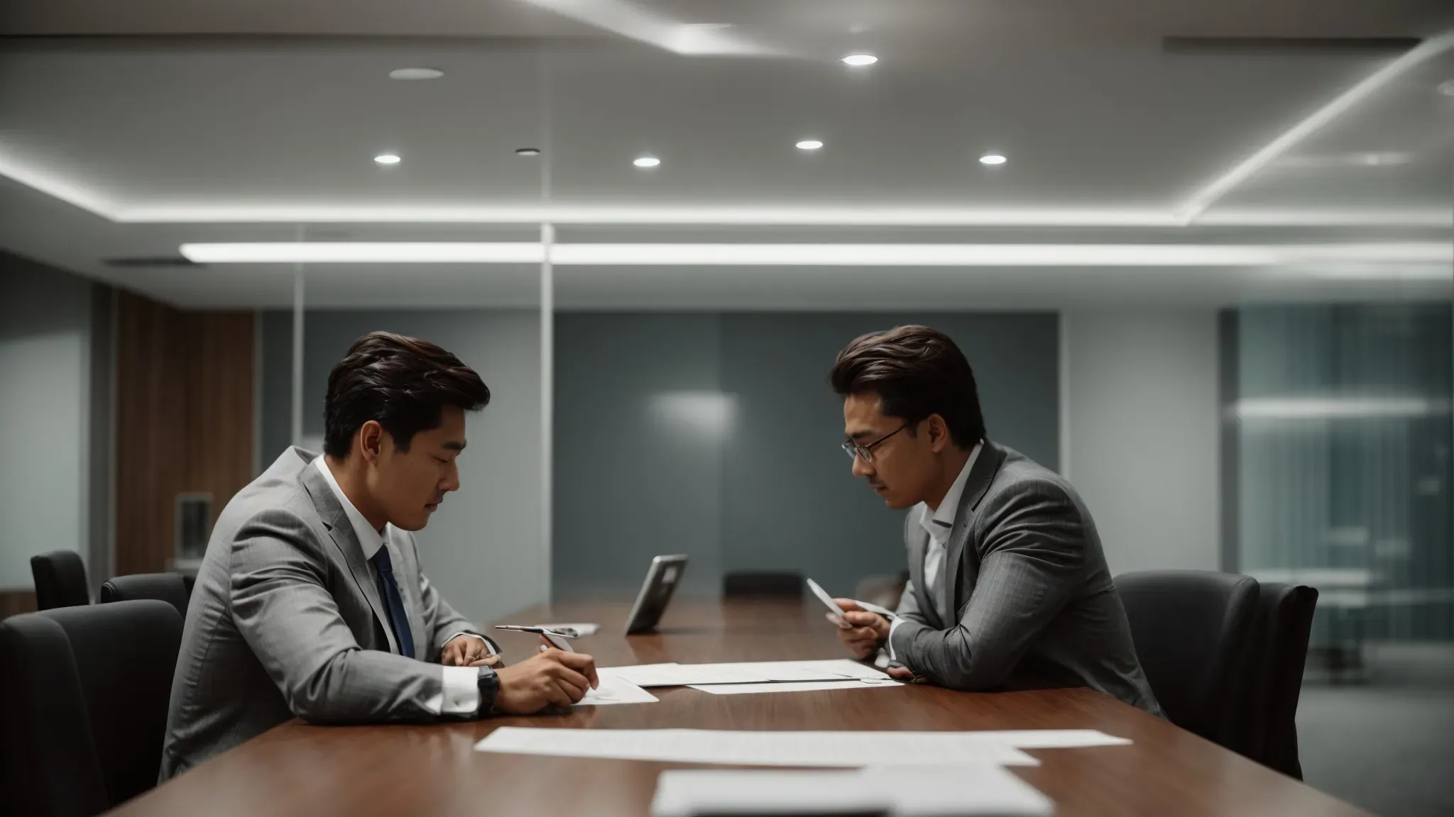 two professionals in a meeting room, with one sliding a document across the table to the other.