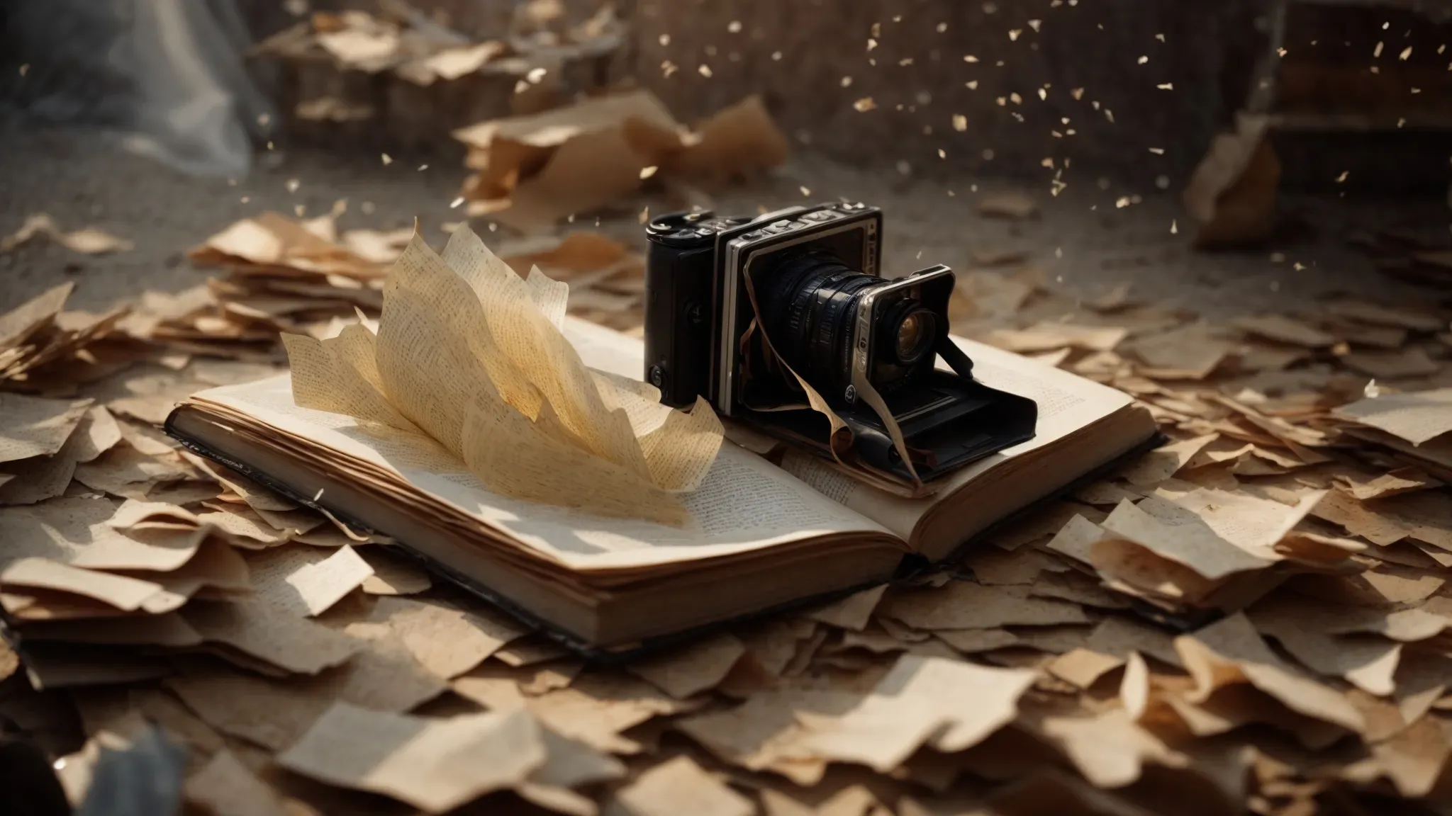 a camera focuses on a shattered crown lying amidst the pages of an open, ancient book.