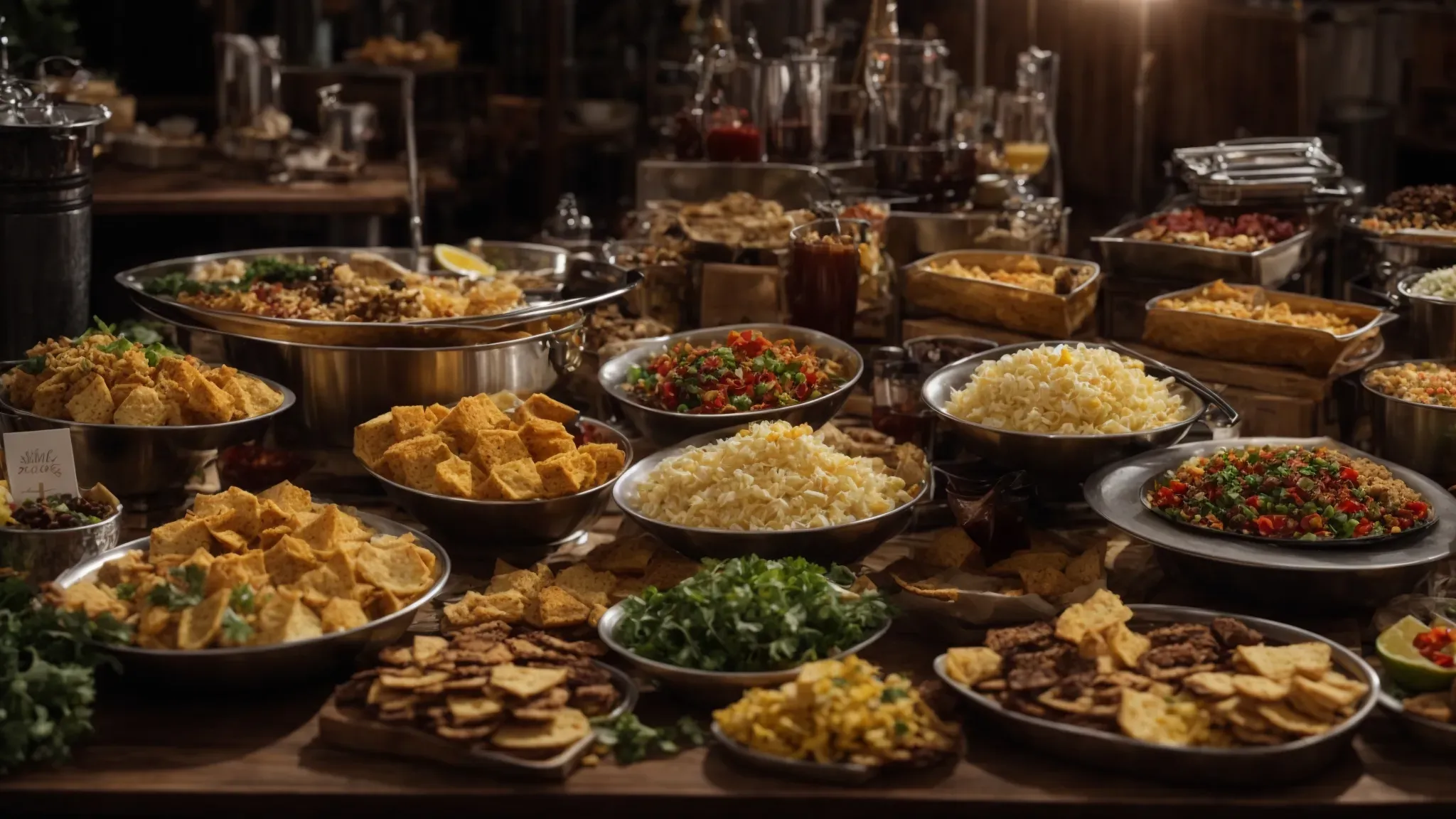 a bustling craft services table filled with an assortment of foods and beverages, catering to diverse tastes against the backdrop of a film set.