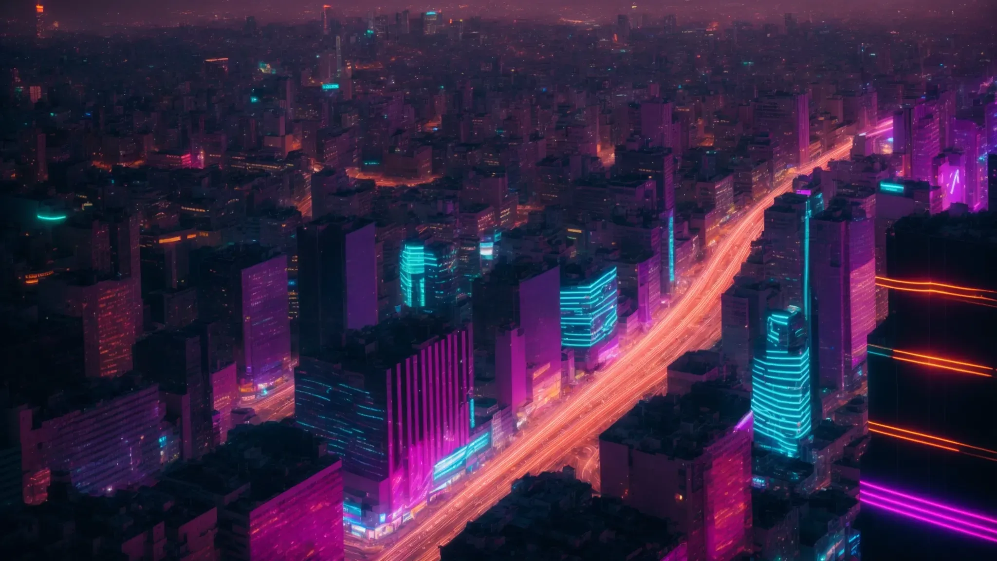 a vibrant, computer-generated cityscape pulsates to the rhythm of a song, illuminated by neon lights and digital projections.