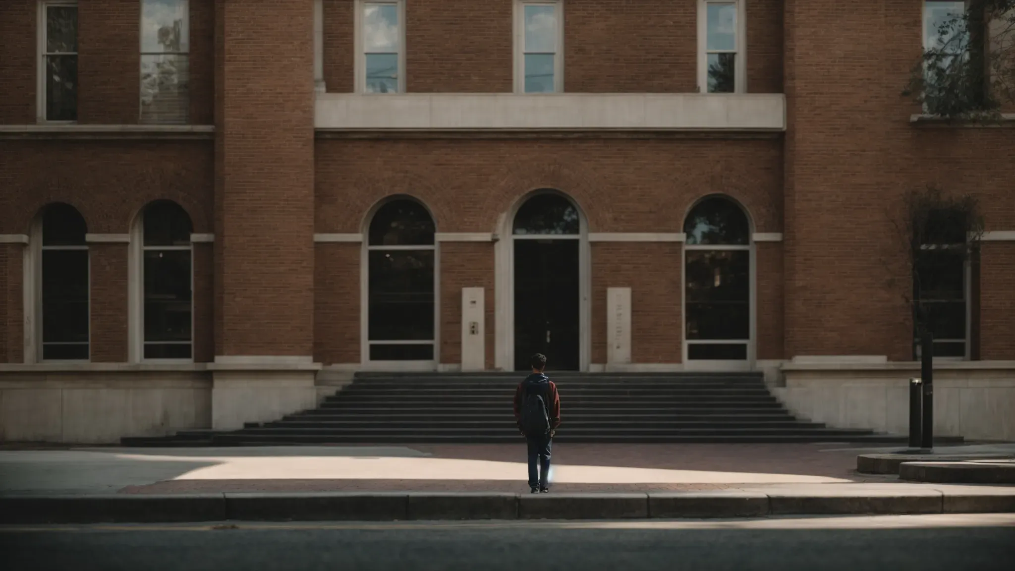 a hopeful student stands at the entrance of a distinguished film school, gazing at its iconic architecture.