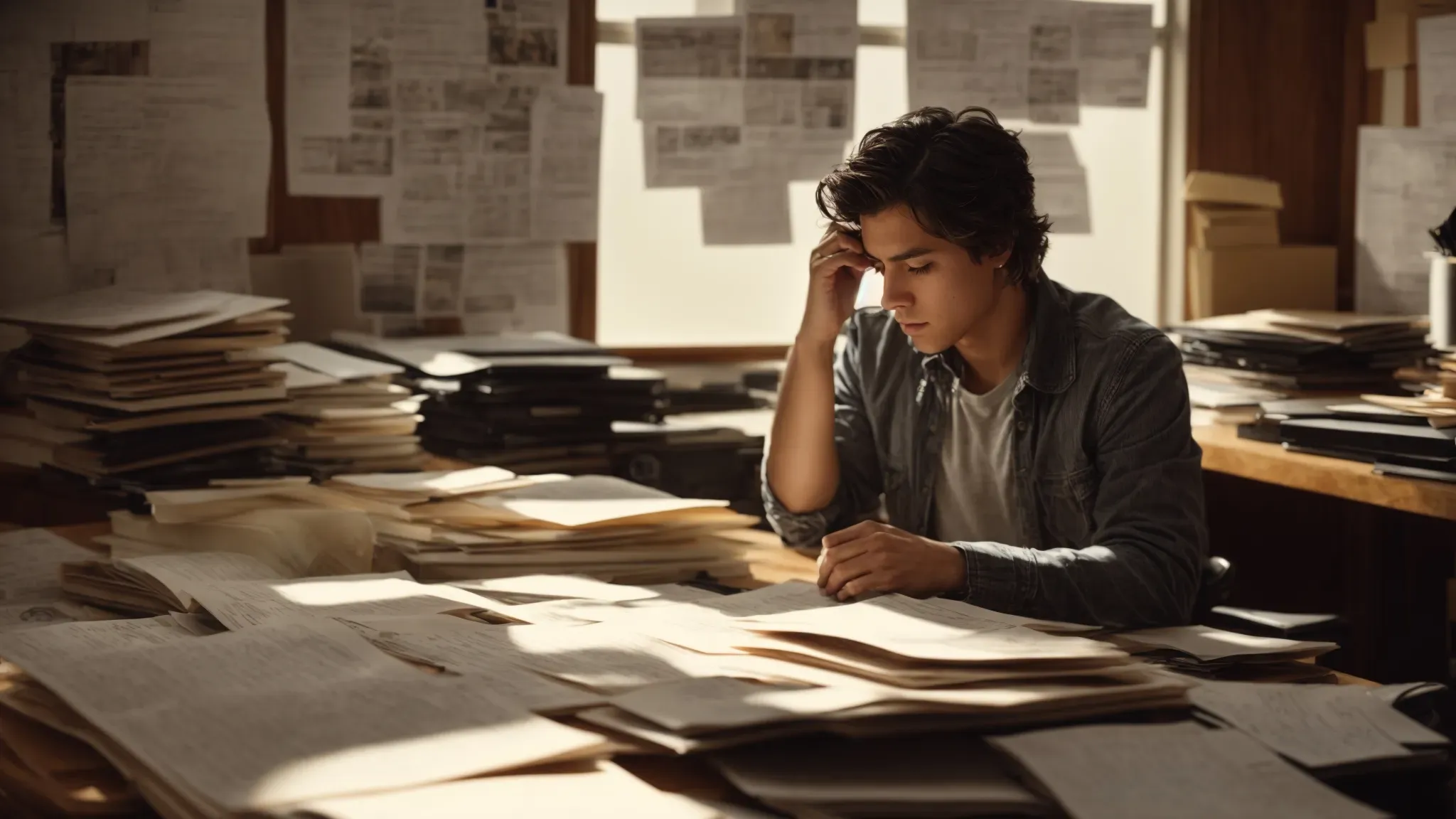 a filmmaker deep in thought, surrounded by clapperboards, storyboards, and scattered paperwork in a quiet, sunlit room.