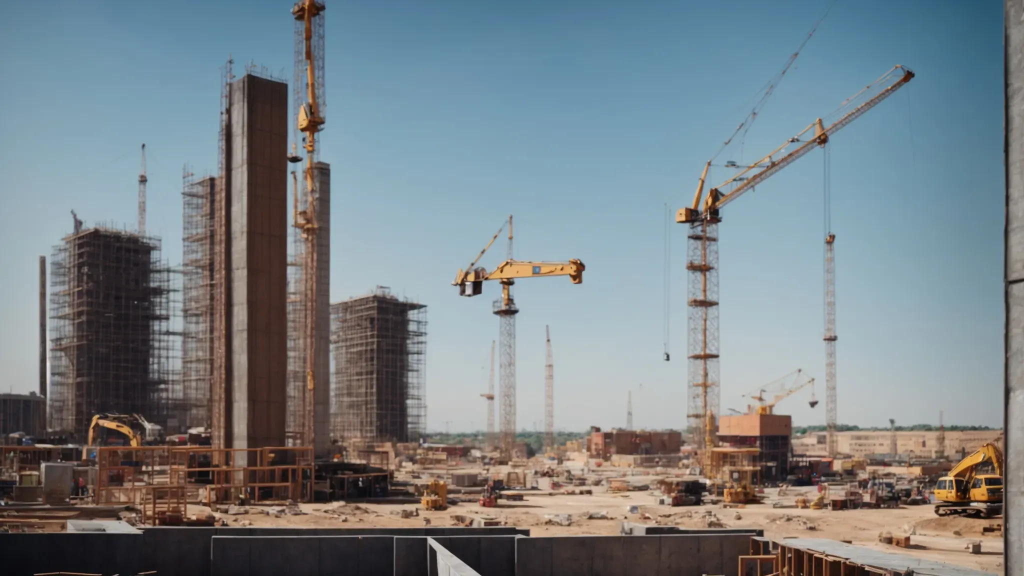 a construction site with a clear blue sky in the background where an unfinished building stands surrounded by various construction materials and equipment.