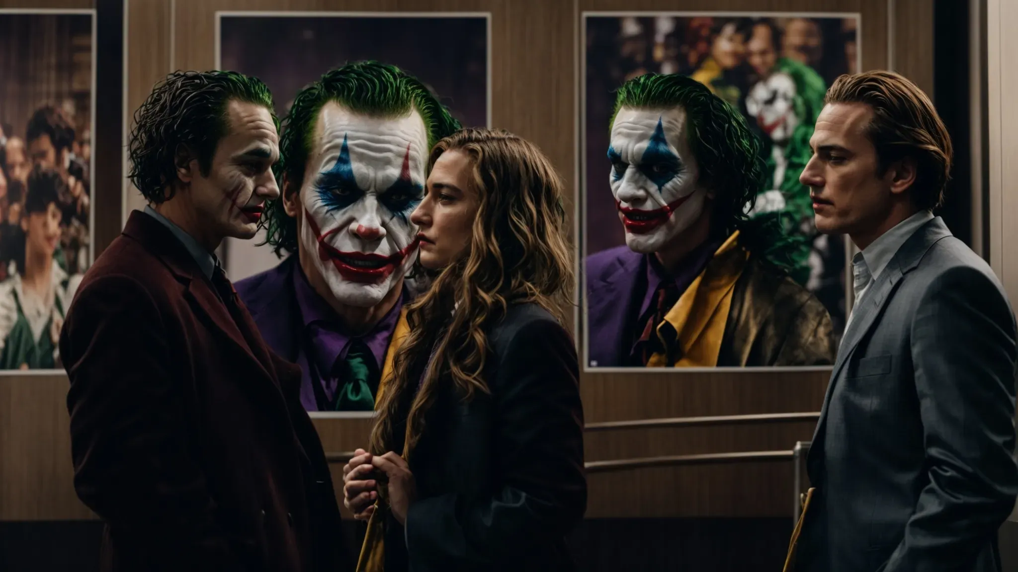 two people animatedly discussing in front of a large poster featuring different actors who have played the joker.