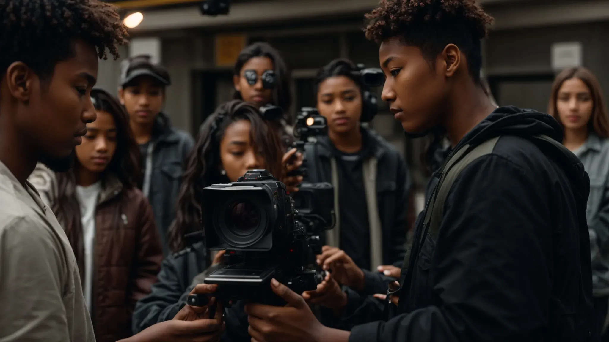 a diverse group of students gathered around a camera and lighting equipment, actively engaging in a filmmaking workshop.