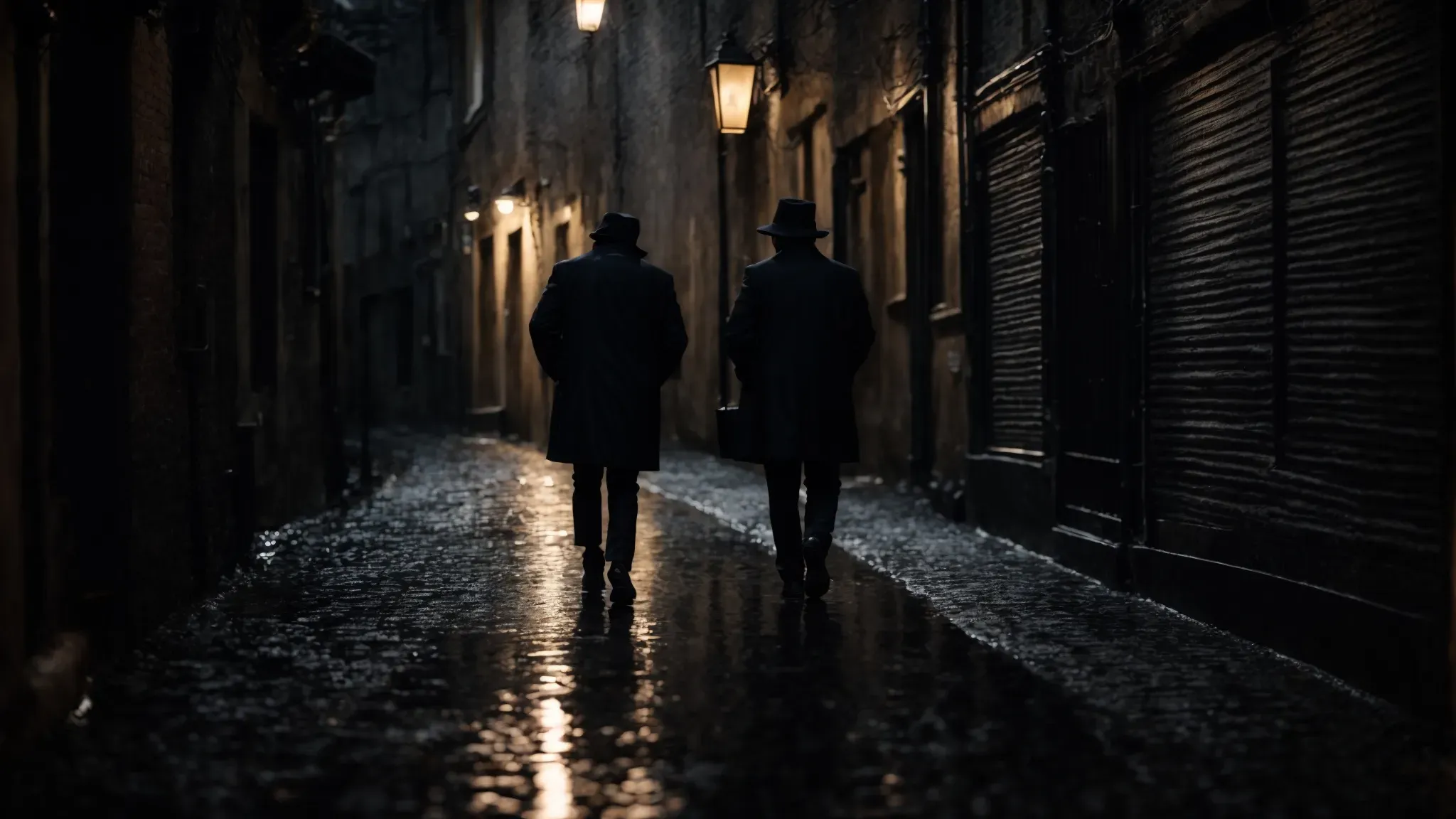 a shadowy figure stands at the entrance of a dimly lit alleyway, rain glistening on the cobblestones.