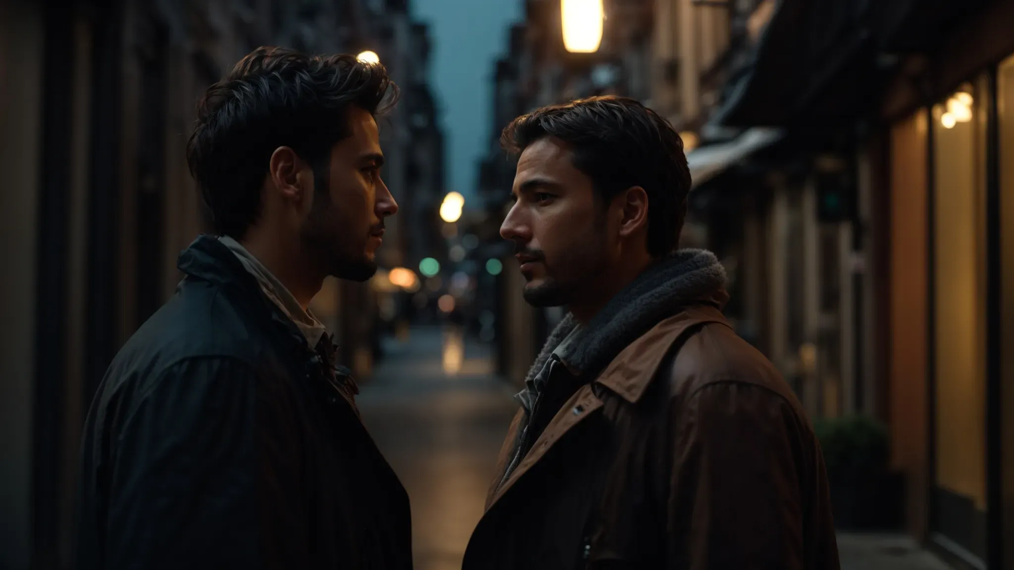 a filmmaker observes a scene where two actors engage in a dramatic dialogue on a dimly lit street, capturing the intricate balance of emotion and environment.