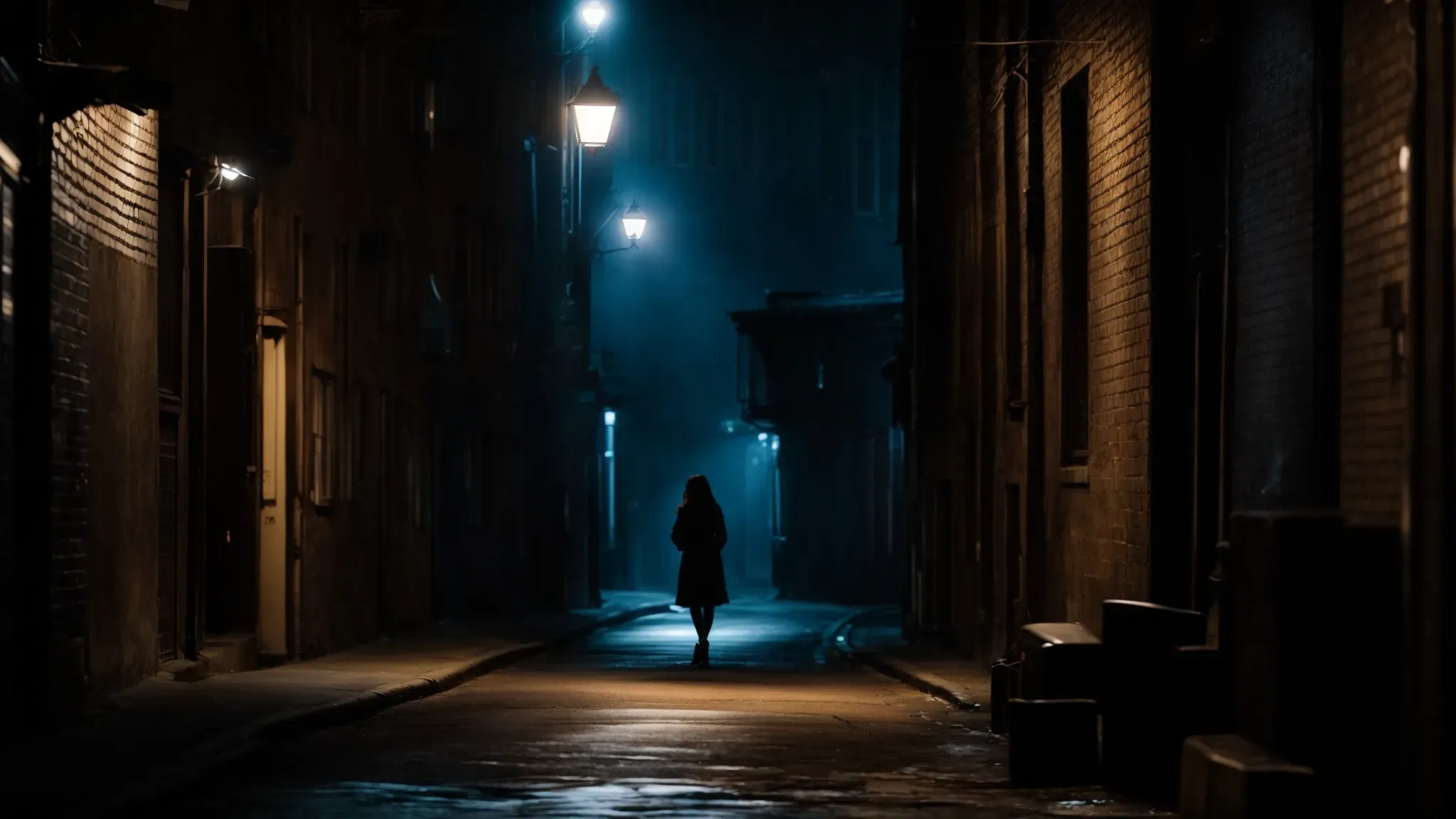 a shadowy alleyway bathed in the contrast of stark streetlights, framing the silhouette of a mysterious woman against the backdrop of an urban landscape.
