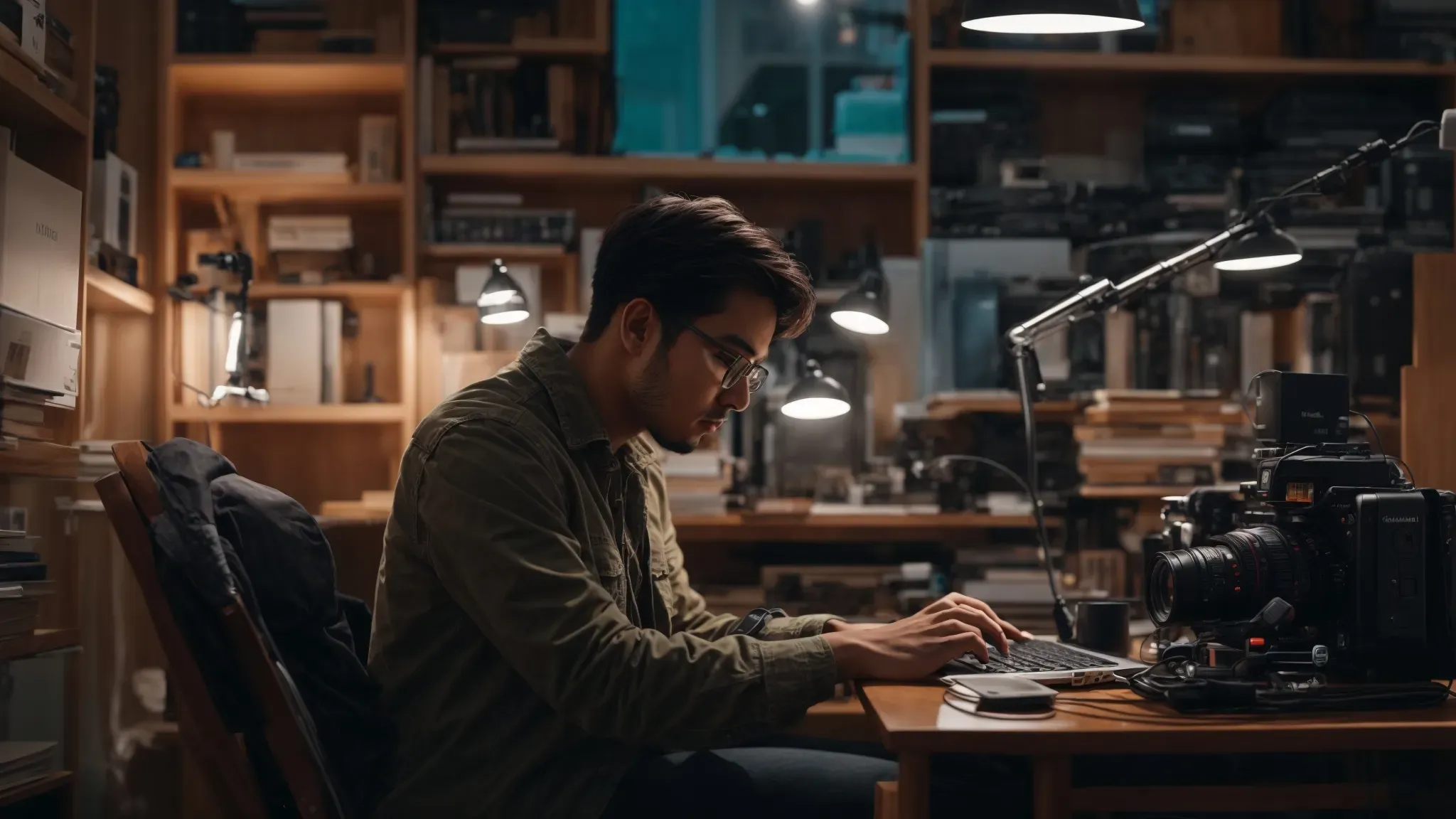 a blogger sits at a cluttered desk, surrounded by cameras and lighting equipment, typing intently on a laptop.