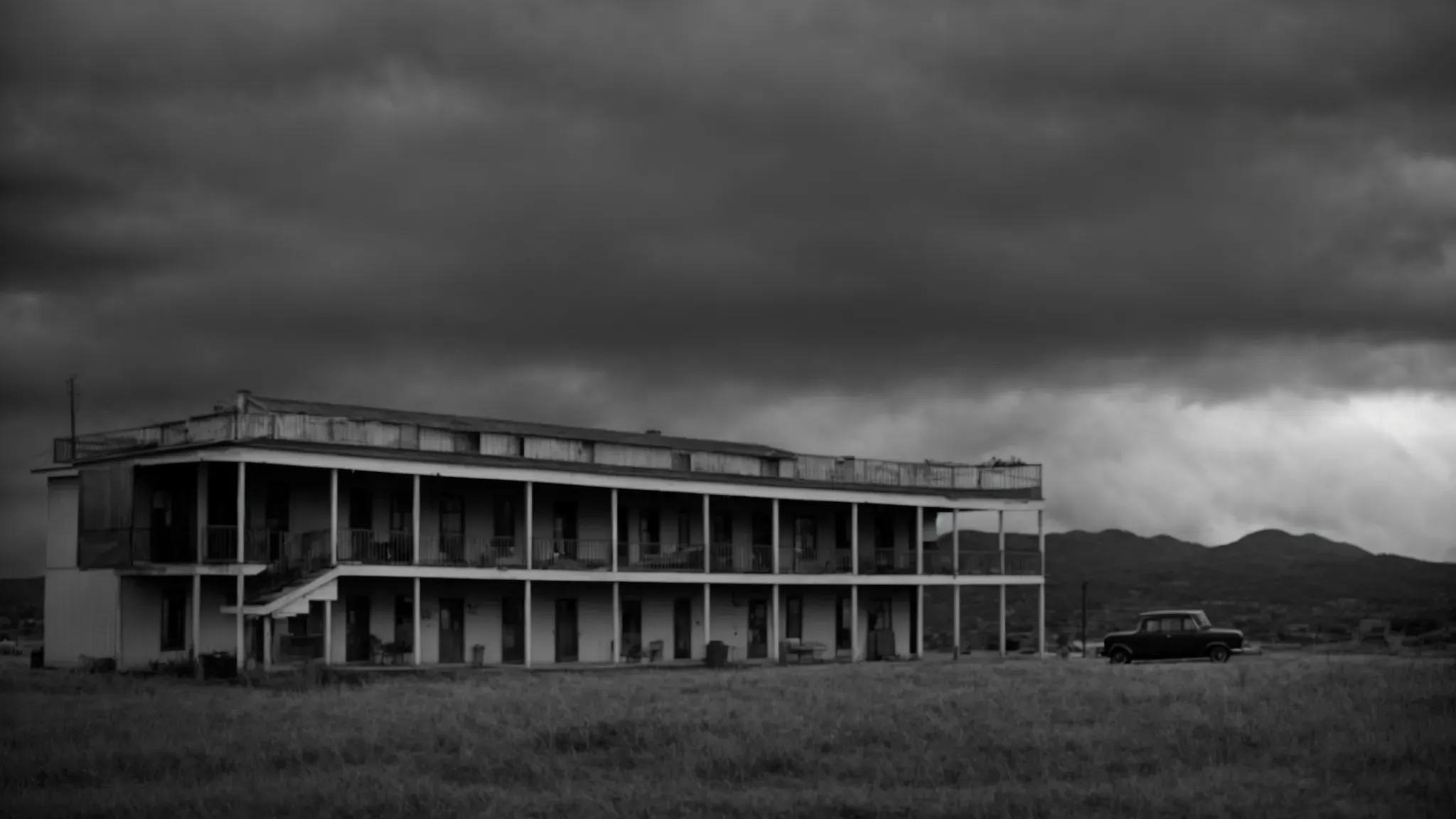 a black-and-white still of the bates motel under a stormy sky, encapsulating the film's haunting atmosphere.