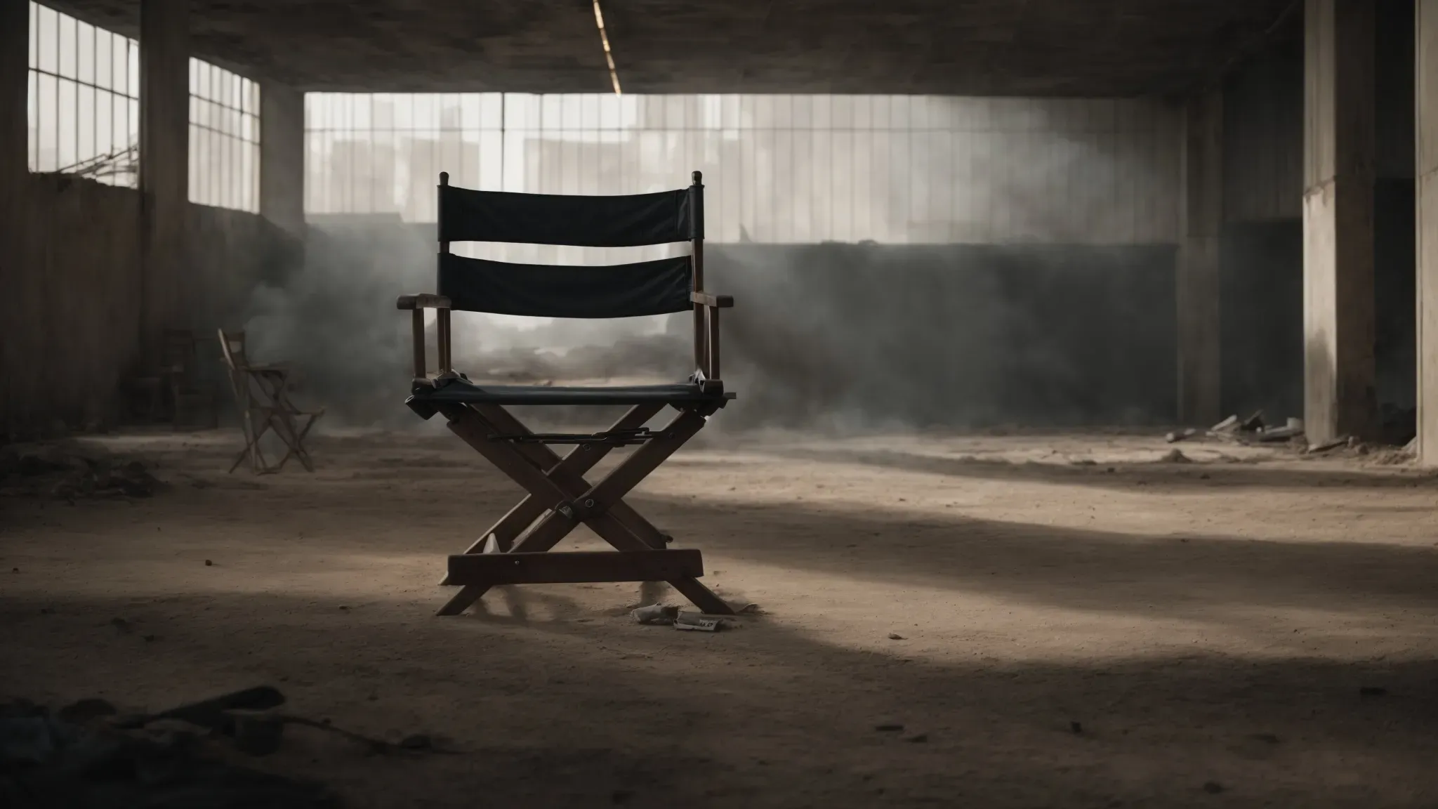 a desaturated scene showing a solitary director's chair amidst the set of an ancient battlefield or an abandoned mall with diffuse lighting.