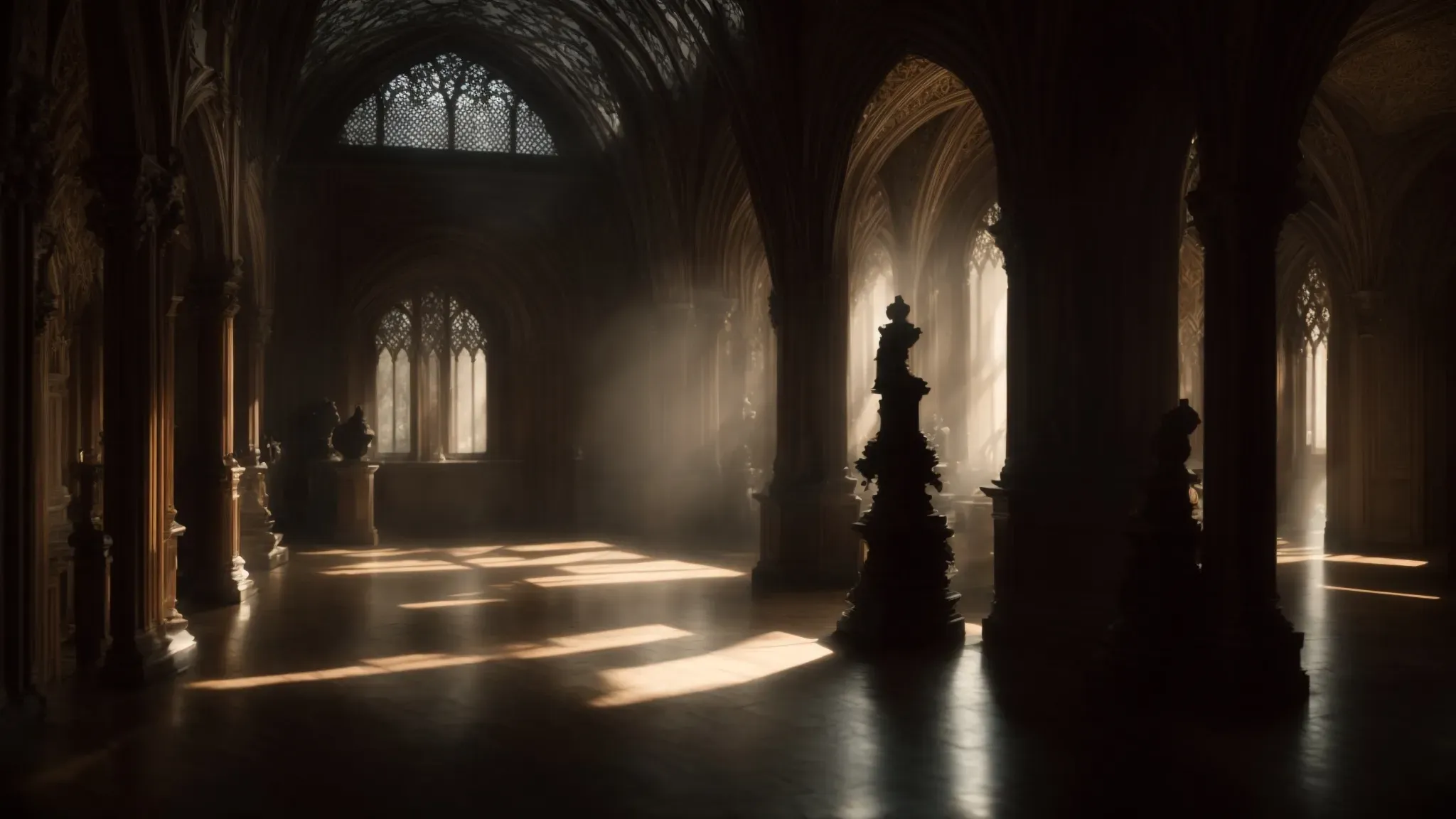 a dimly lit room revealing shadows that dance across ornate gothic sculptures, crafting an atmosphere both eerie and beautiful.