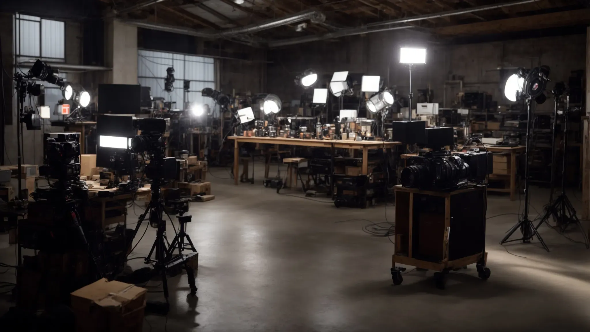 a variety of video lighting kits arrayed across a well-organized workshop, reflecting the glow of expertise in a shared creative space.
