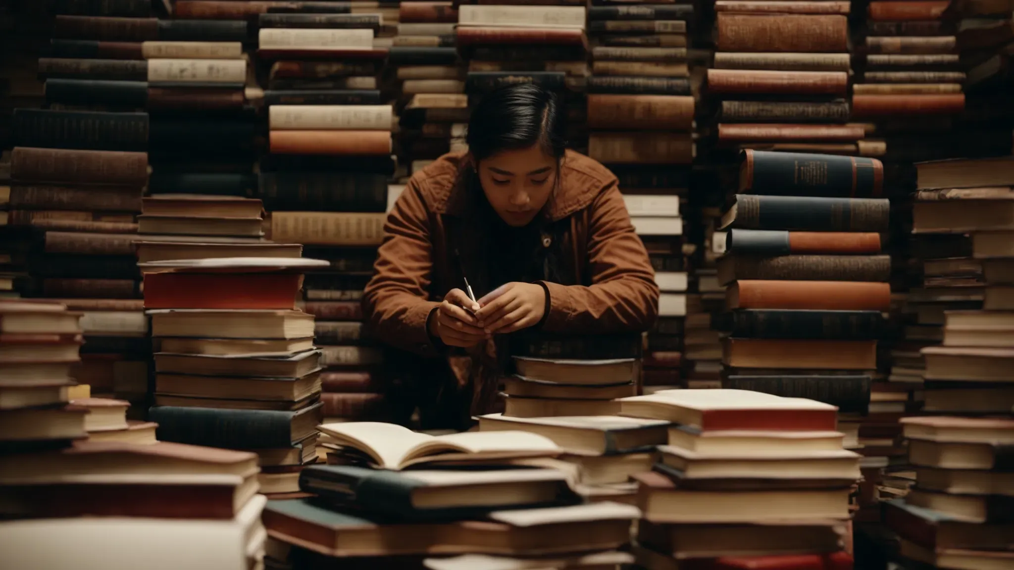 a person sits surrounded by an array of books, lost in thought with an open notebook in front.