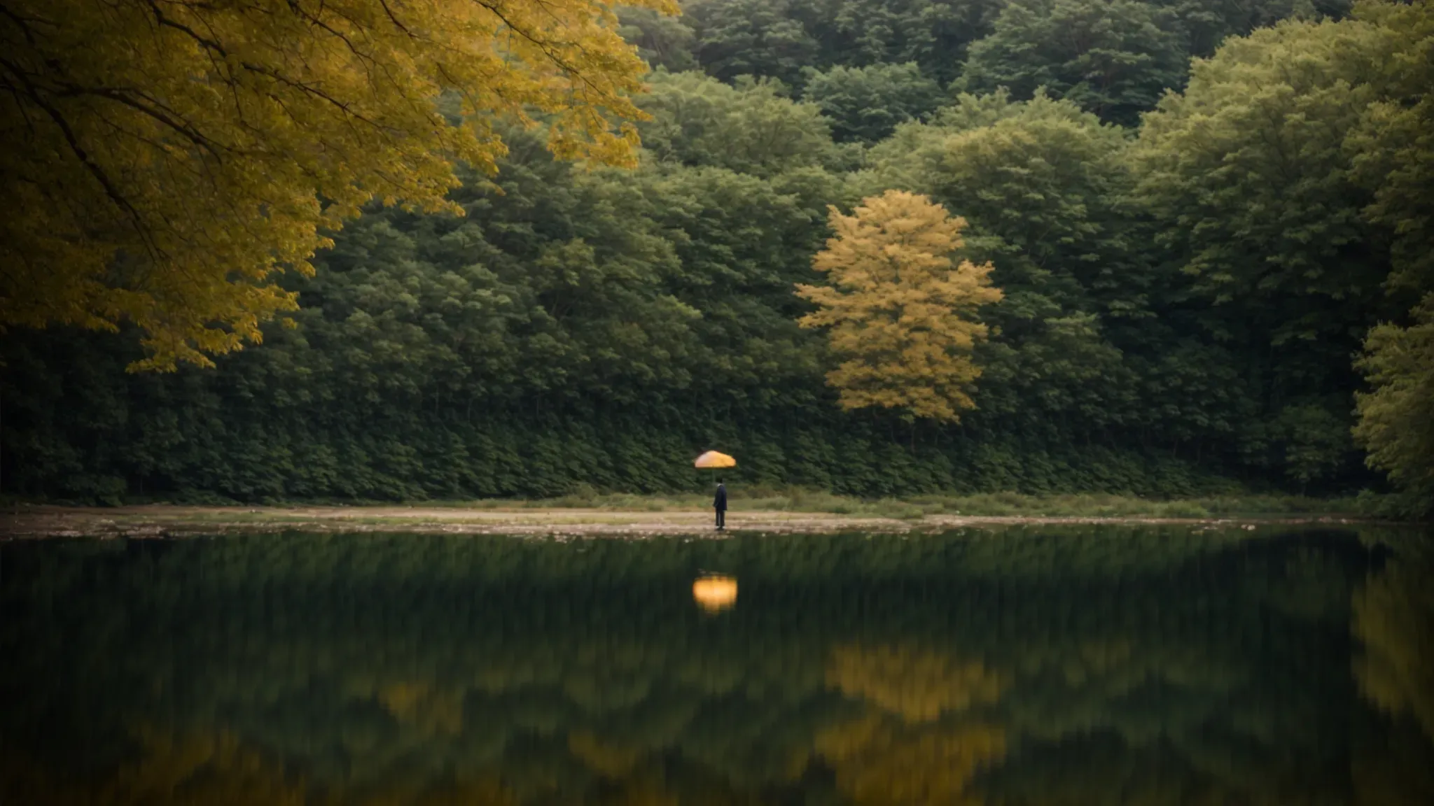 a solitary figure stands at the edge of a tranquil lake, lost in thought under a sprawling canopy of trees.