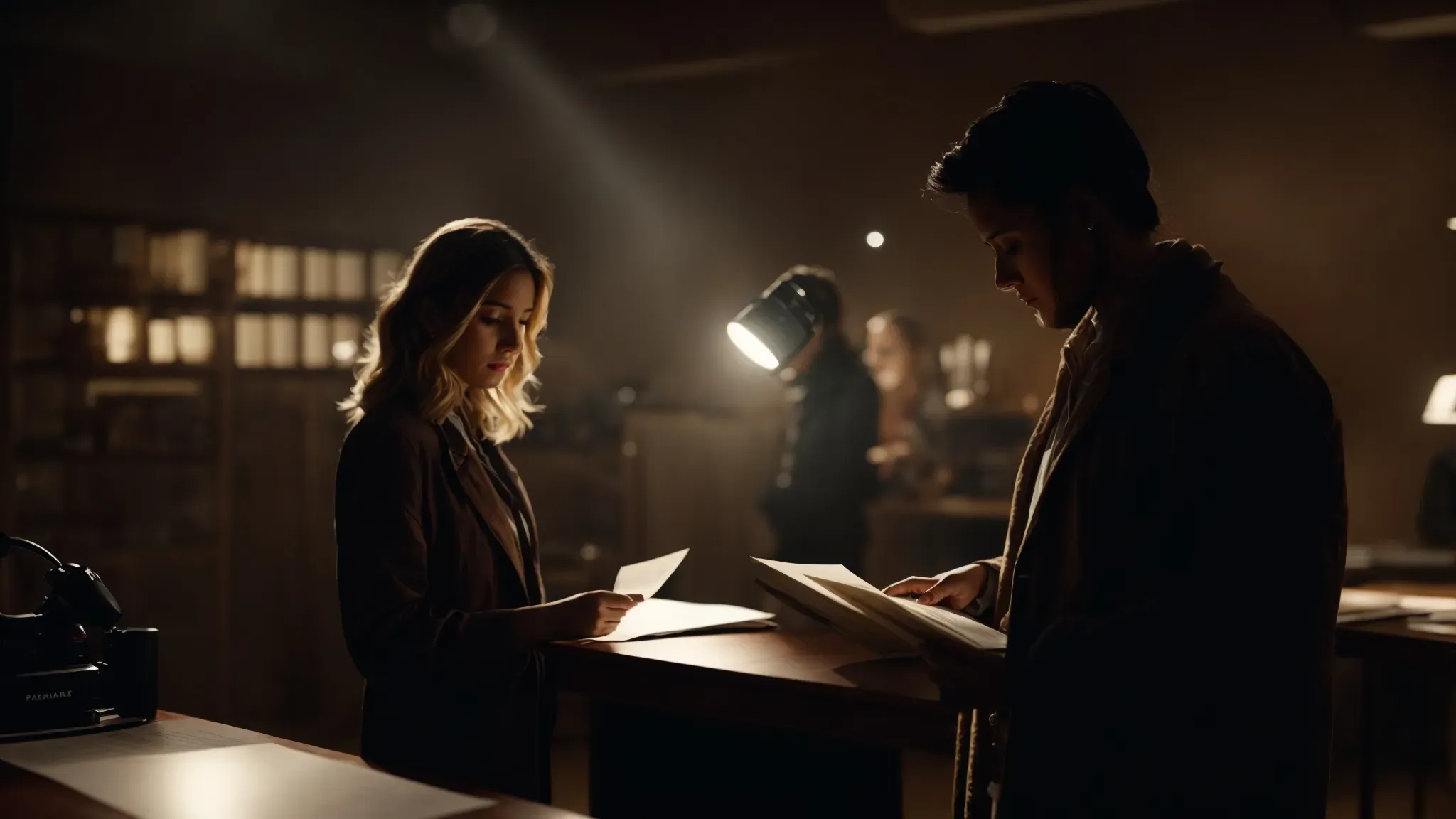 two figures stand in a dimly lit studio, poring over a film script with intense focus, a camera looming in the background.
