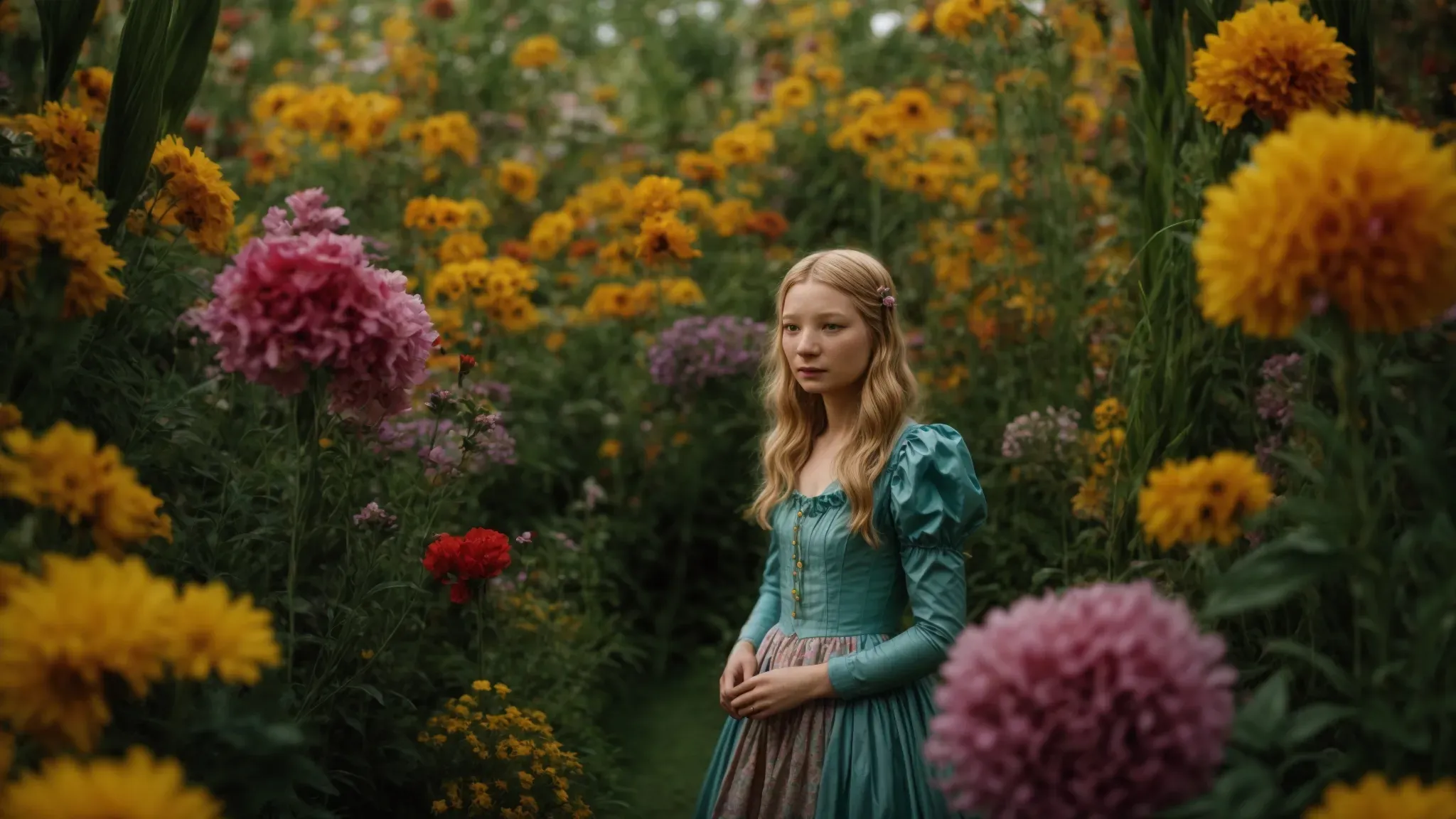 mia wasikowska as alice wanders through the oversized, vibrant flora of a burton-esque wonderland.