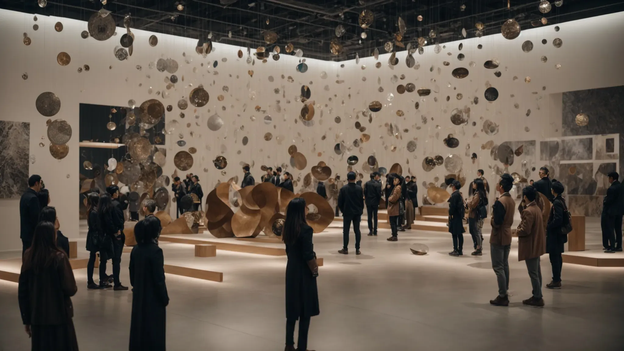 a diverse group of people surrounds an art installation comprised of various symbols and abstract shapes, each person visibly engrossed in thought.