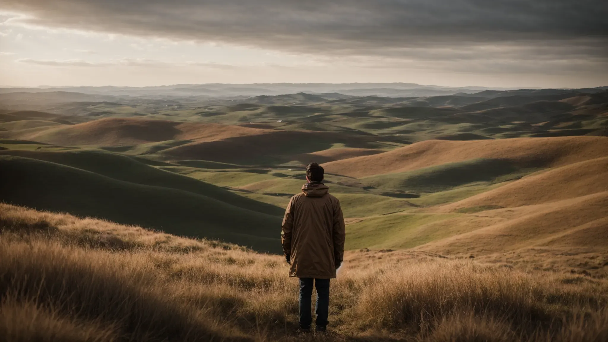 a location scout stands on a sweeping landscape, gazing at the horizon where a dramatic skyline meets rolling hills.