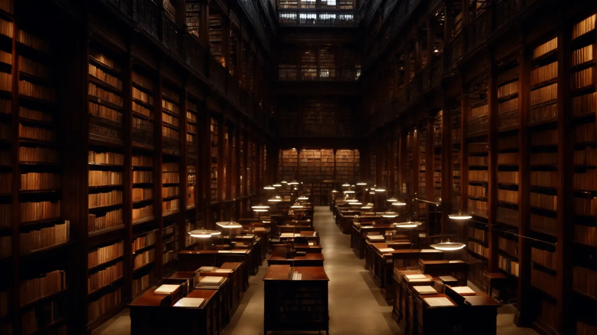 a vast library, with shelves stretching into the distance, filled with ancient to modern books under a dim, moody light.