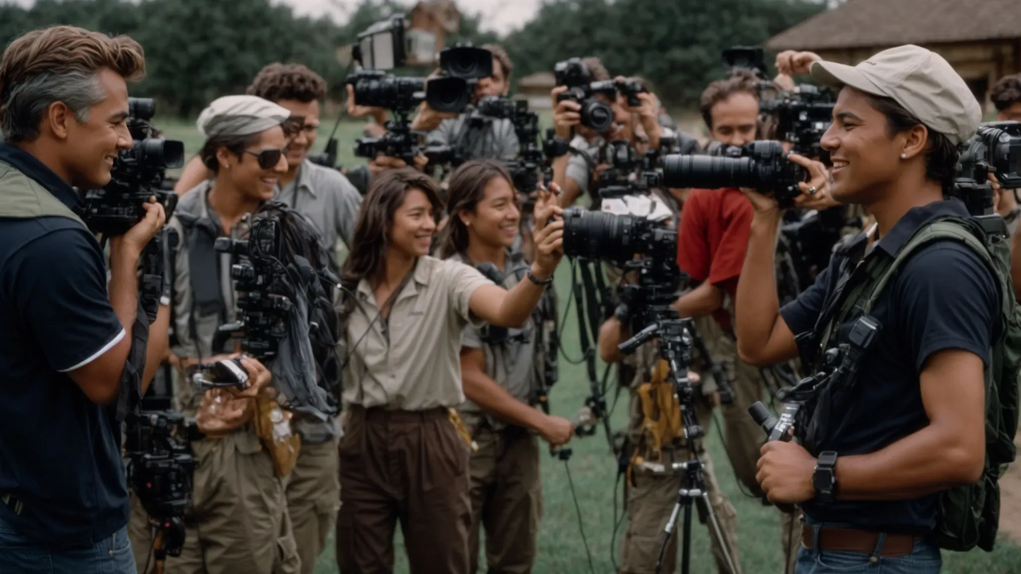 a director congratulates a jubilant film crew after a successful take.