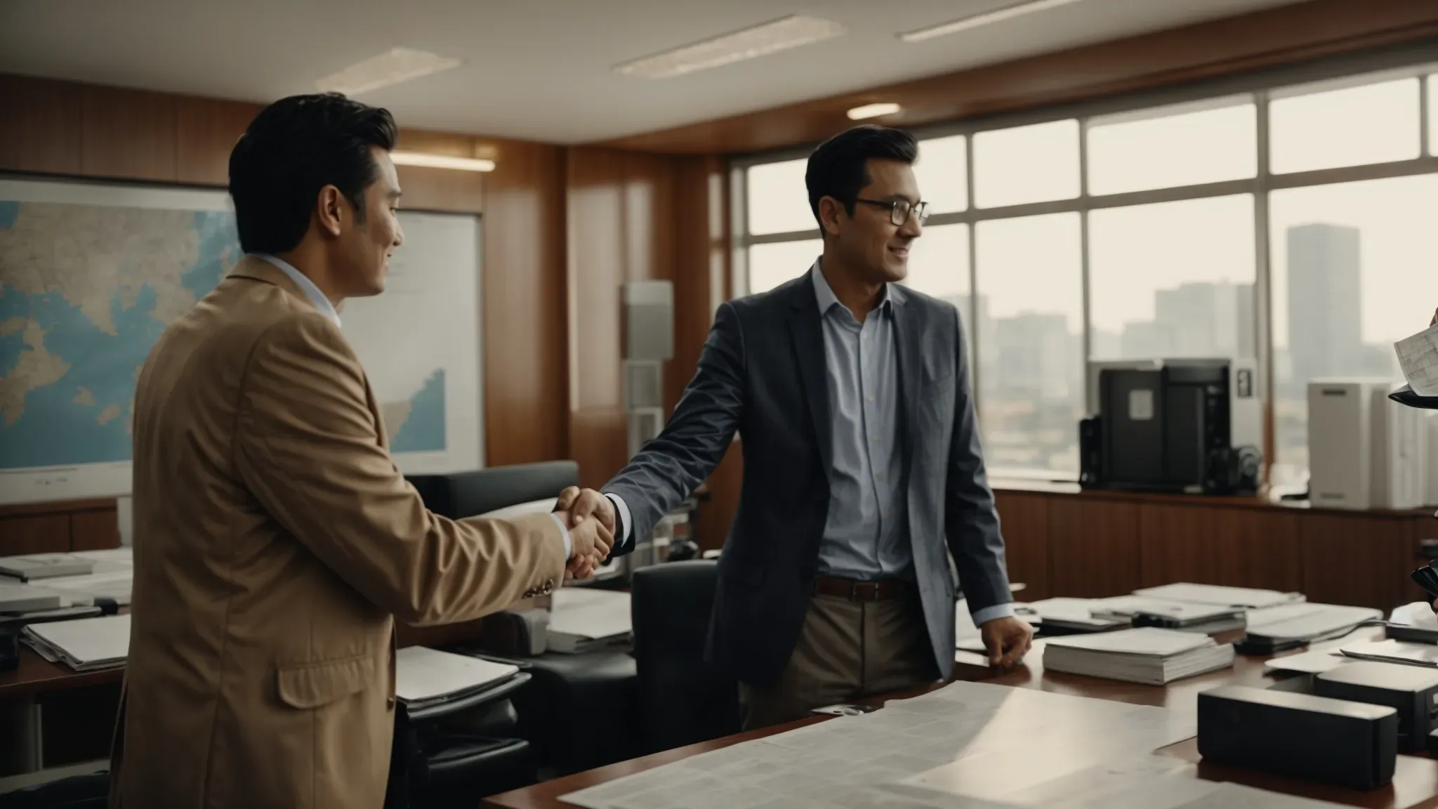 a producer and a financial advisor shaking hands in a film commission office, with a film reel and a map of the state in the background.