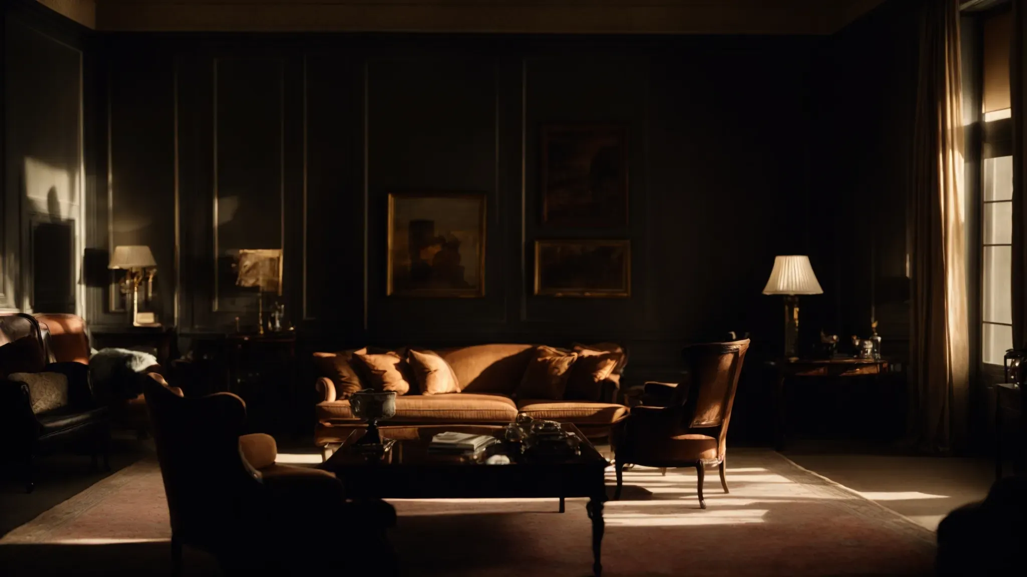 a dimly-lit drawing room draped in shadows, with an air of tense anticipation.