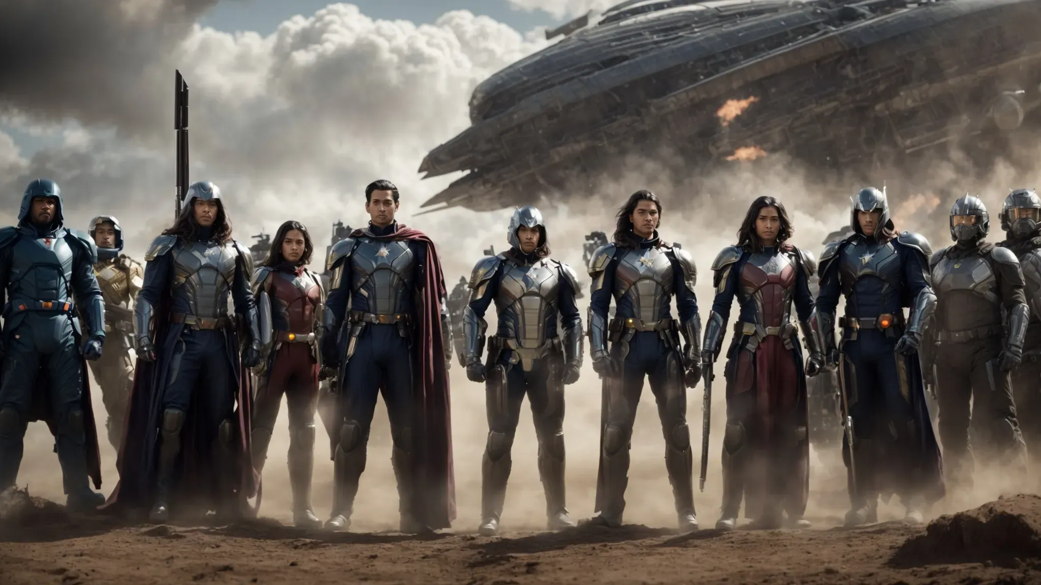 a collection of diverse heroes stands united against a cosmic backdrop, poised for battle.