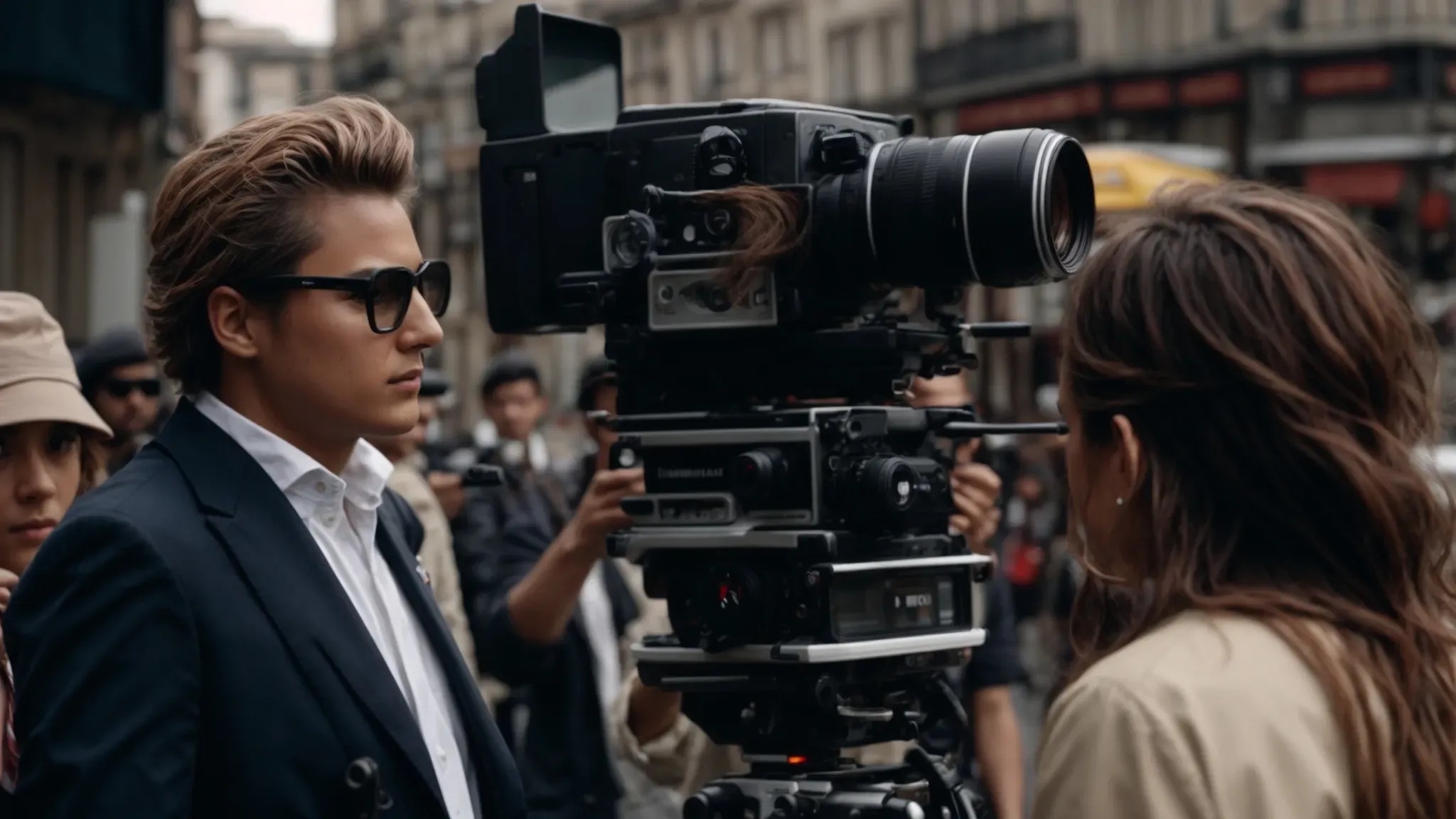 a director on set guiding actors through an unconventional, dynamic scene, embodying the essence of french new wave cinema.