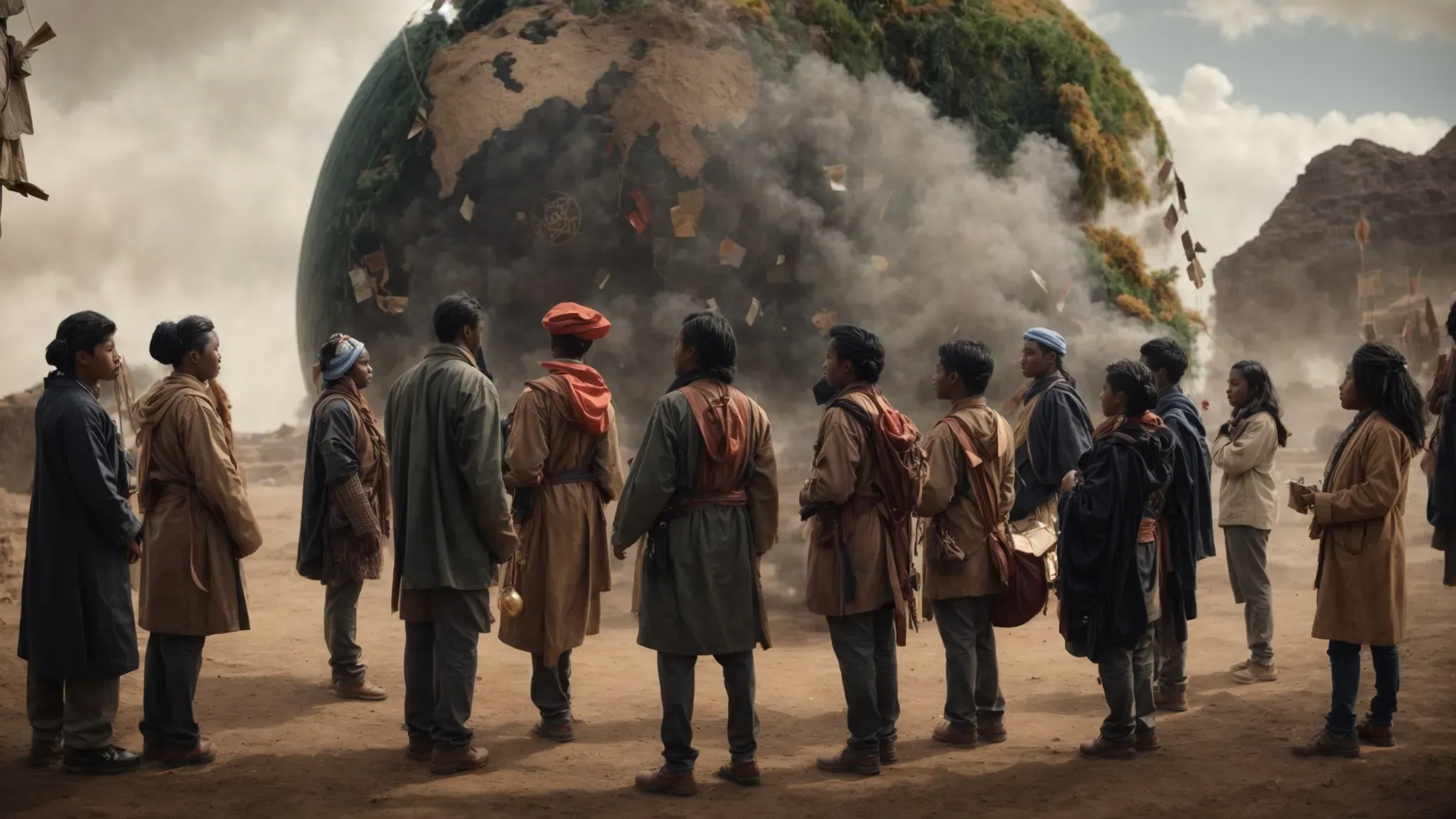 a diverse group of people from different cultures standing around a globe, touching it, with various symbolic icons floating above their heads.