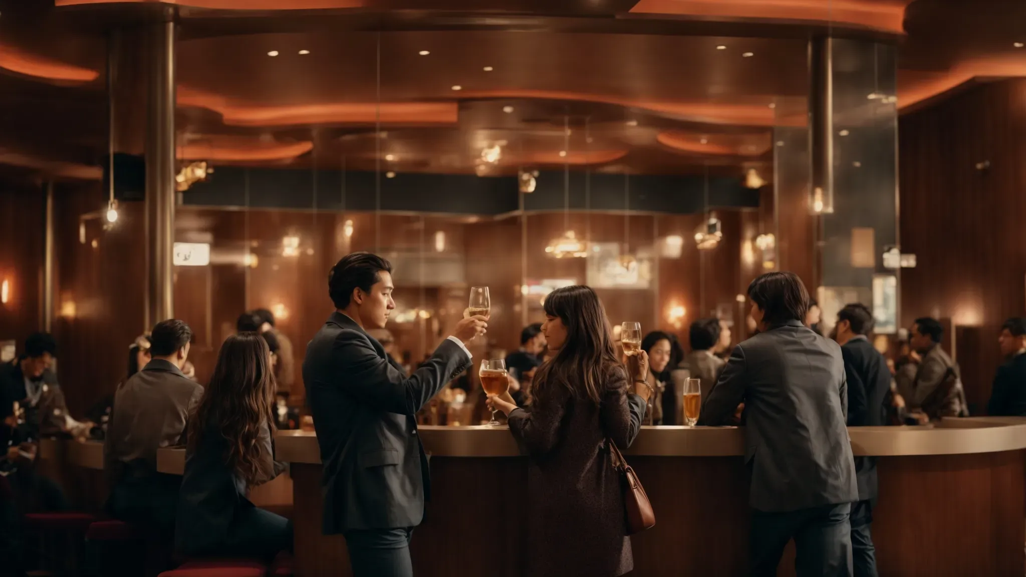 people clinking glasses in a modest, cozy movie theater lobby, with a celebratory vibe and poster-covered walls.