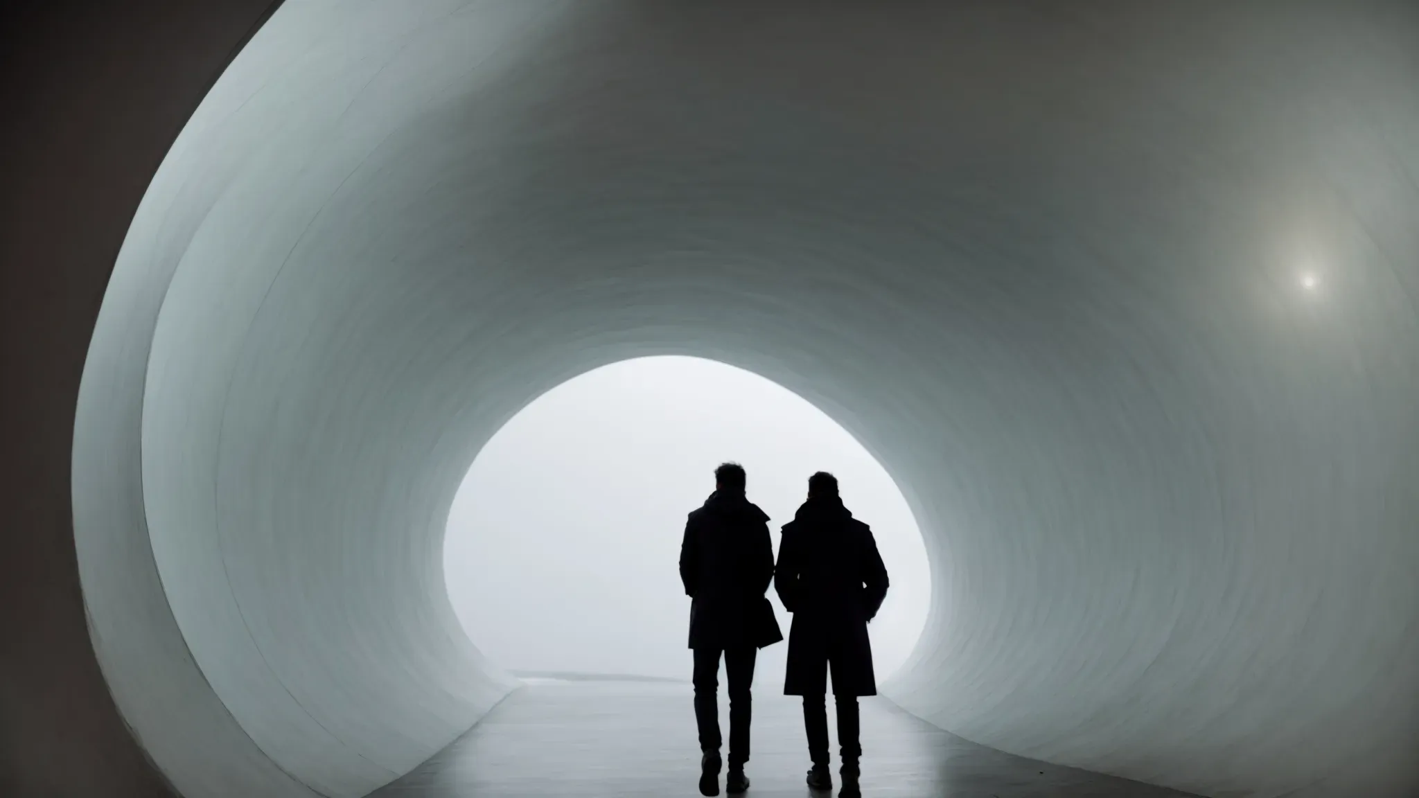 two silhouetted figures stand before the maw of a twisting corridor, poised at the cusp of a decision that could intertwine their destinies.