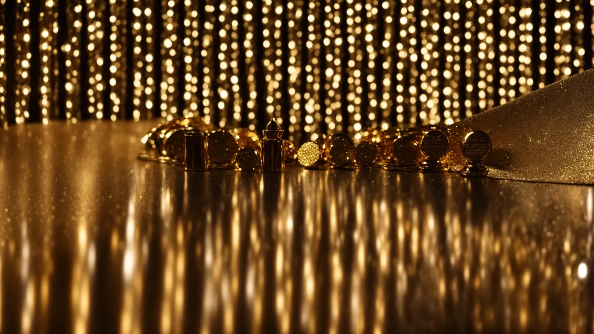 an oscar statuette spotlighted on a grand stage, with a backdrop of cinema's gold and glitter.