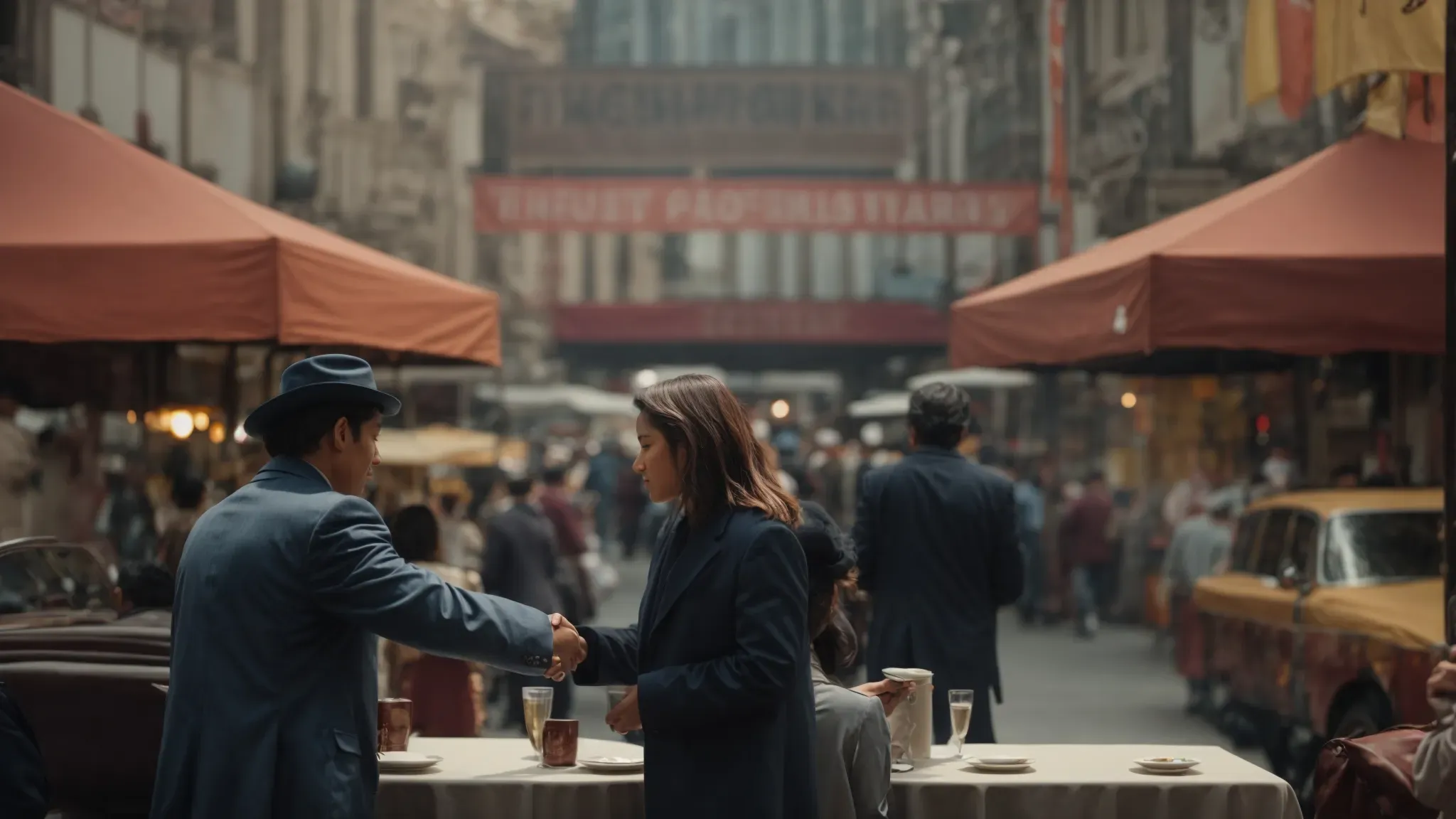 two individuals shaking hands across a table with a thick contract between them, against a backdrop of a bustling film market.
