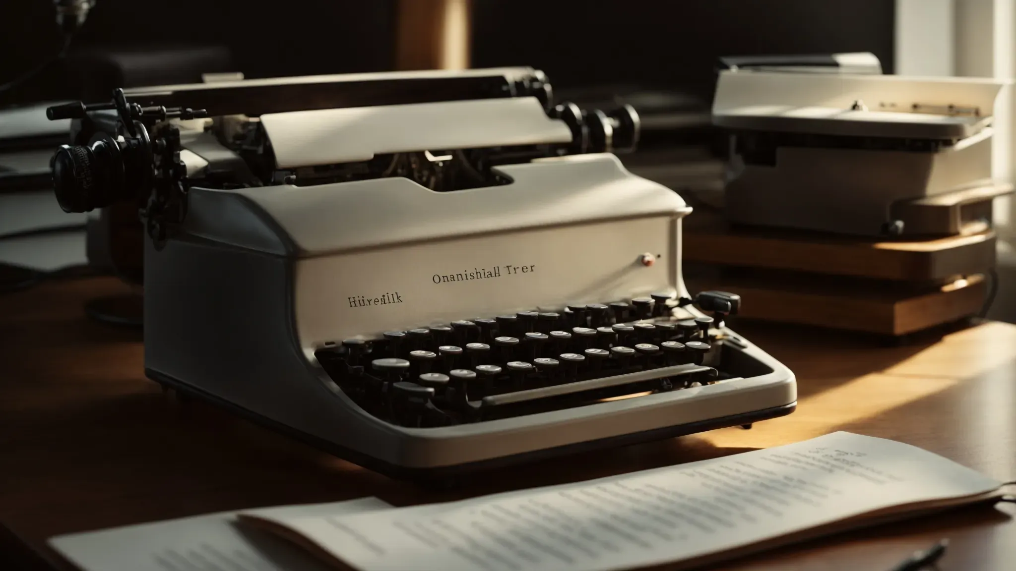a typewriter sits on a wooden desk with scattered screenplay pages, illuminated by a soft desk lamp in a dim room.
