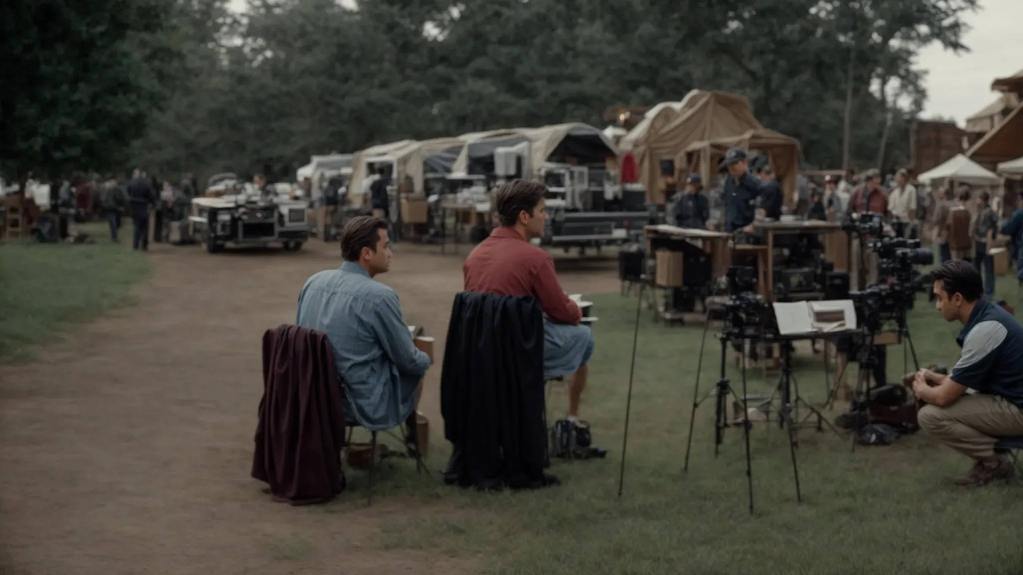 a director and a producer discuss intently over a film script on a bustling movie set.