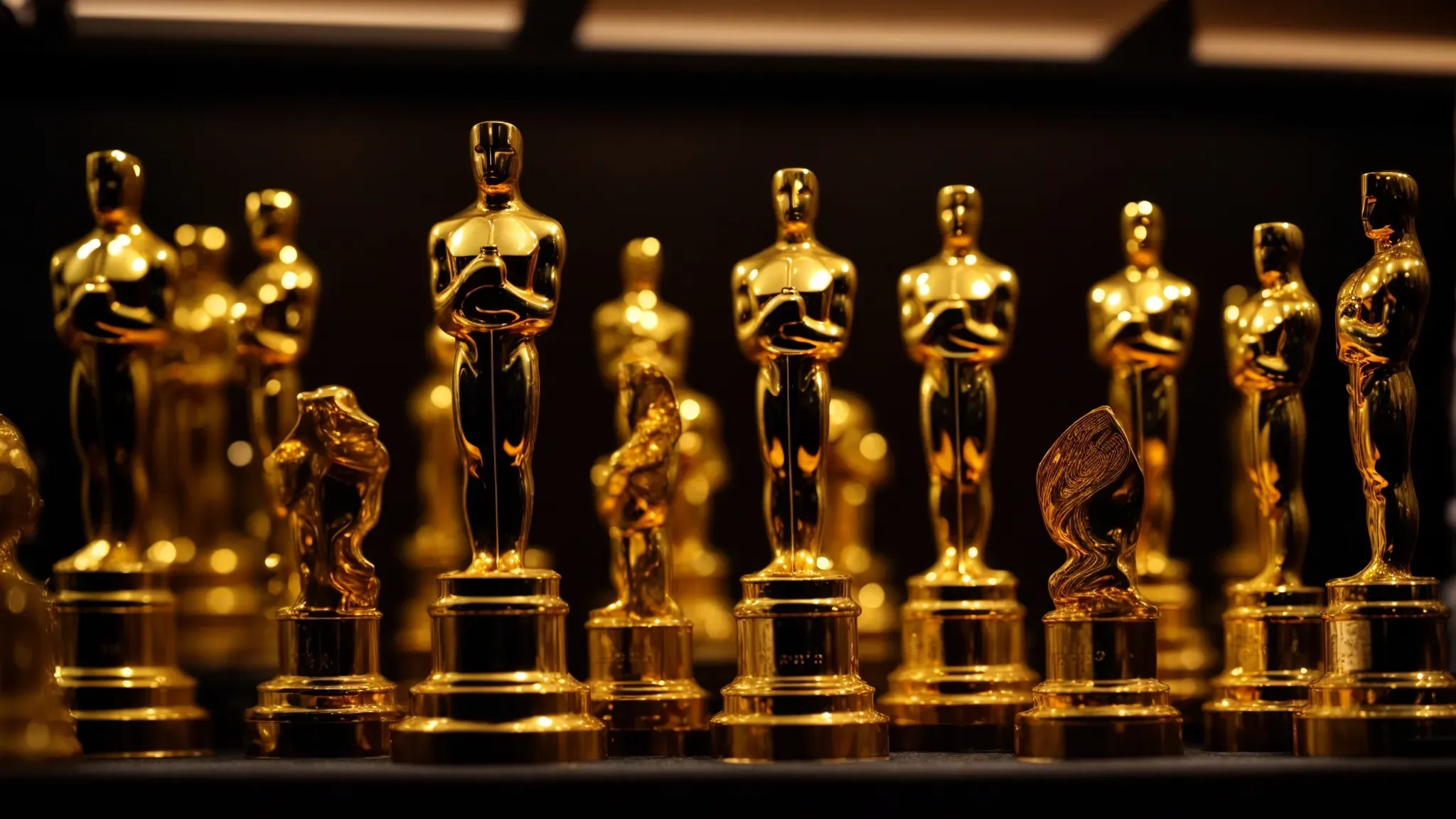 a collection of golden oscar statuettes displayed on a shelf, symbolizing the pinnacle of screenwriting achievement in cinema over the years.