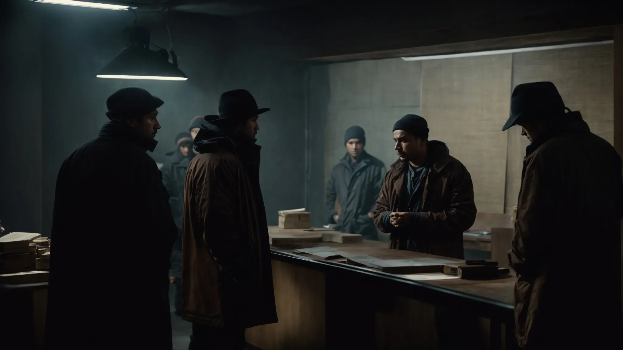 a group of thieves stealthily gathers around a blueprint in a dimly lit room, plotting their next grand heist.