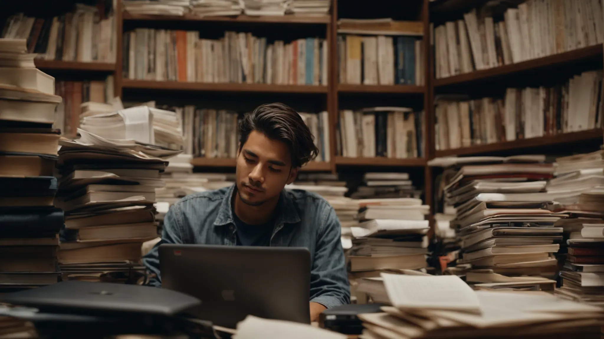 a person sitting at a cluttered desk, surrounded by stacks of books and papers, stares thoughtfully at a laptop screen.