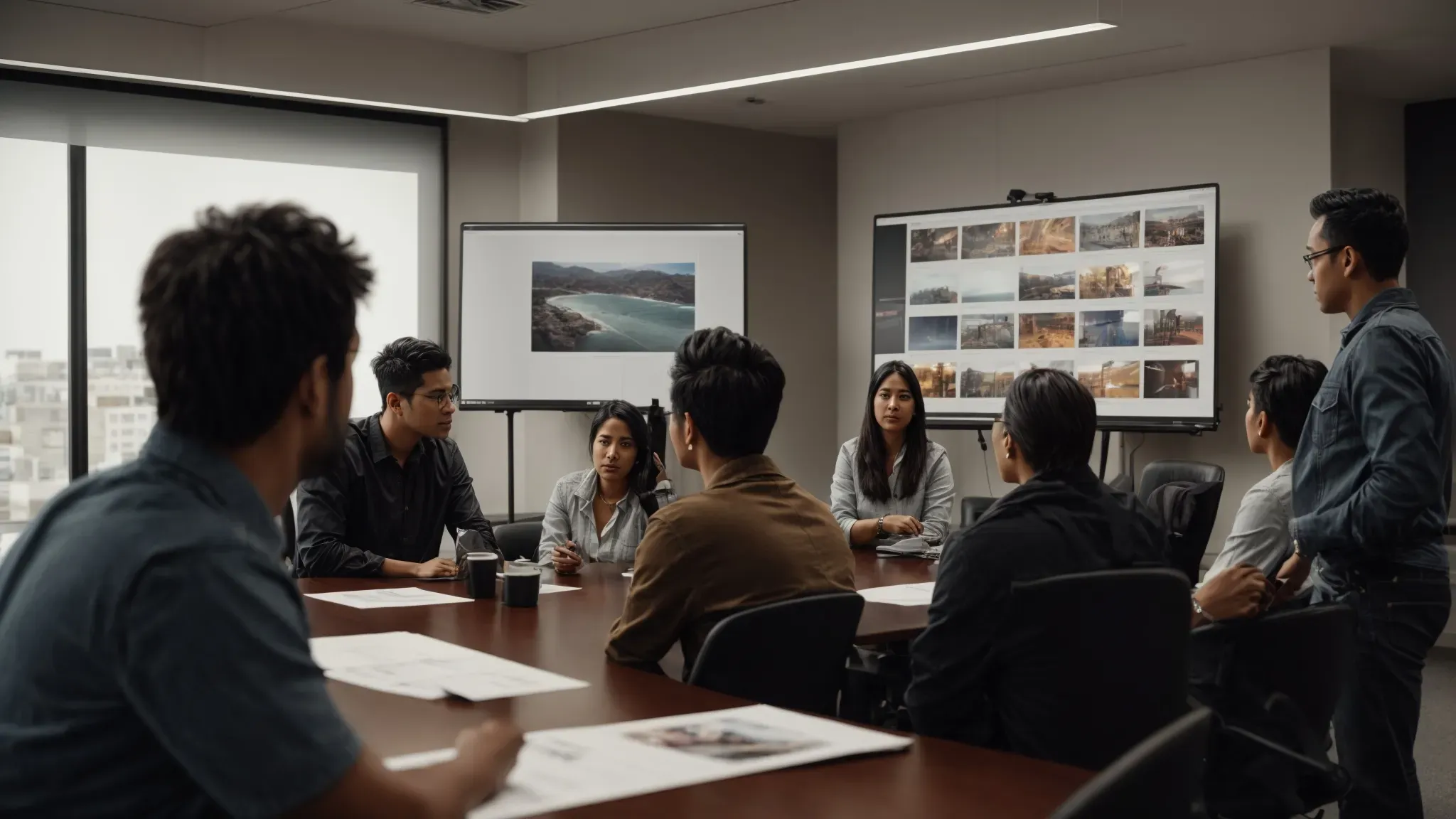 a filmmaker presents to an attentive group in a conference room, passionately gesturing towards storyboards and concept art displayed around the room.