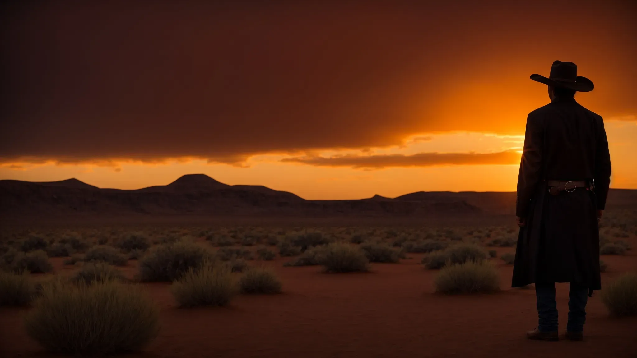 a lone cowboy stands silhouetted against a blazing desert sunset, his posture exuding a quiet resolve synonymous with spaghetti western heroes.